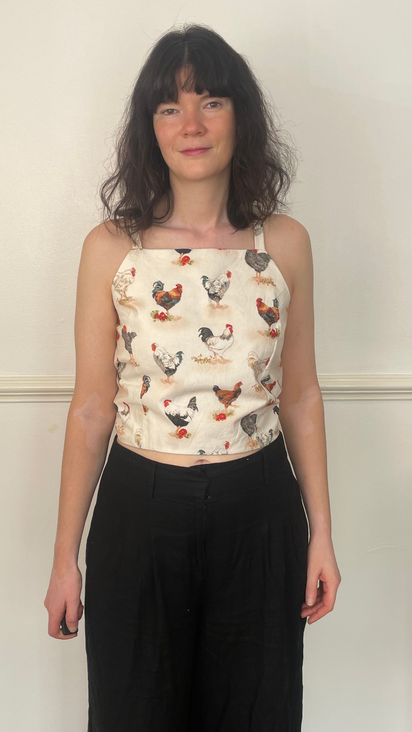 Handmade White Cotton Chicken Print Tie Back Crop Top - Size 14