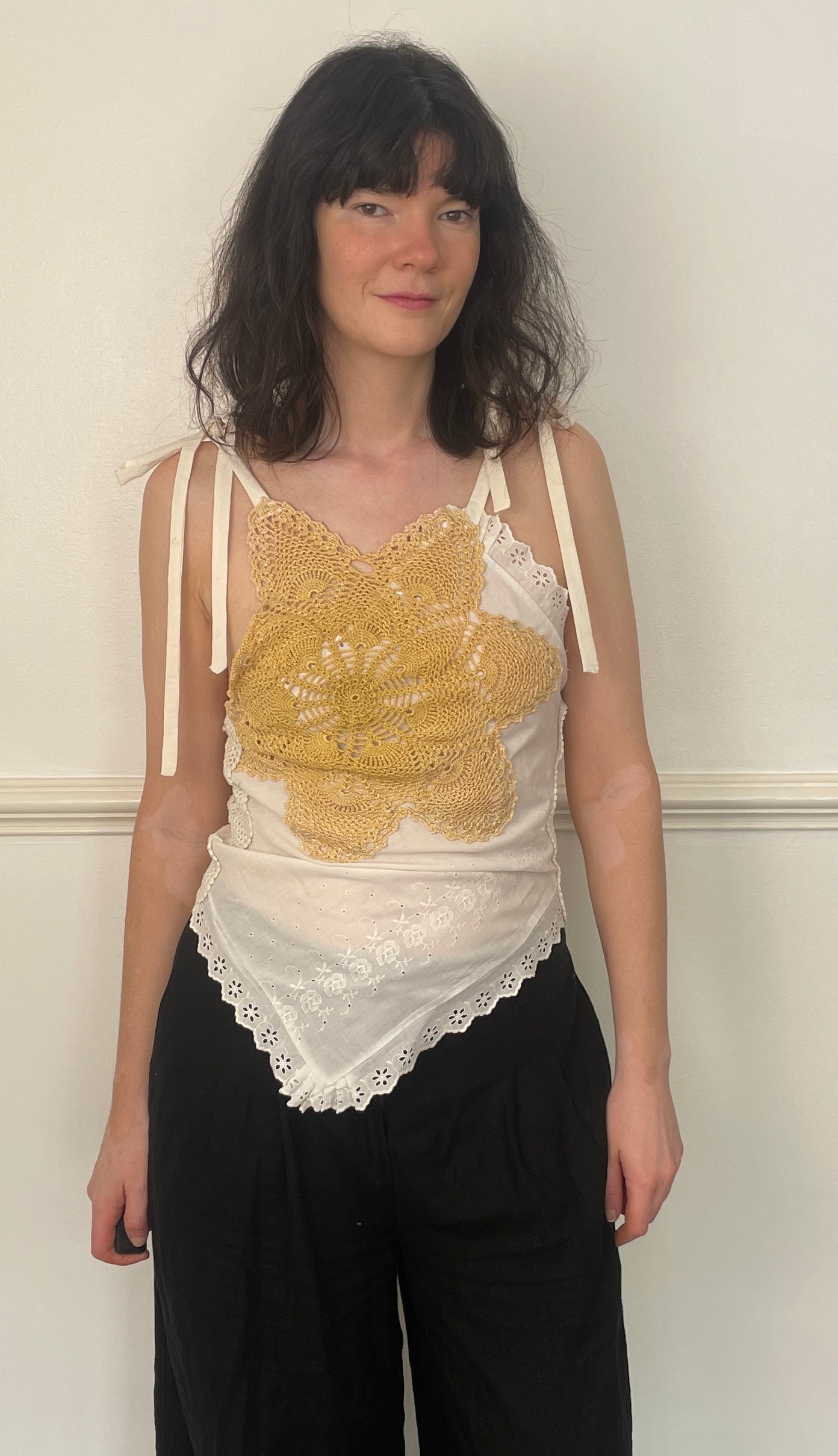 Handmade White Patchwork Floral Embroidered Tie Shoulder Sleeveless Top - Size 8