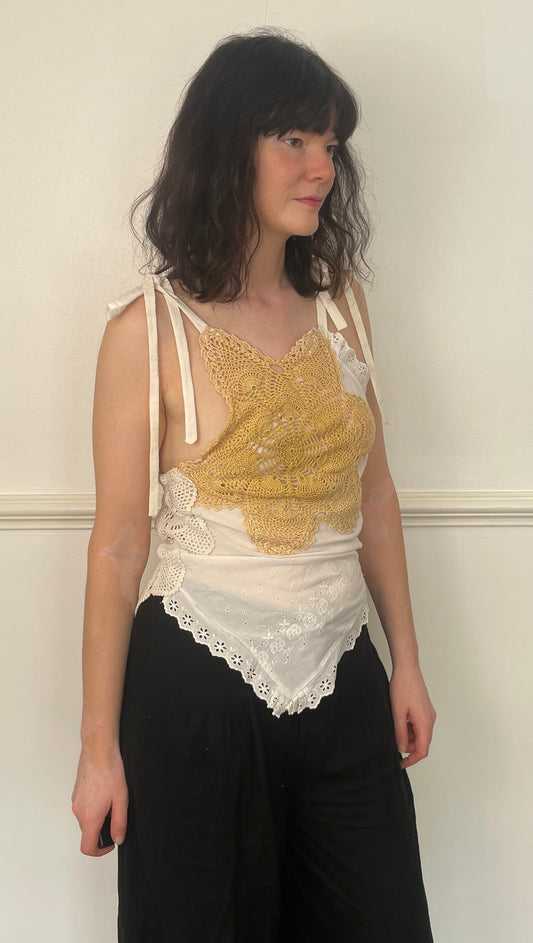 Handmade White Patchwork Floral Embroidered Tie Shoulder Sleeveless Top - Size 8
