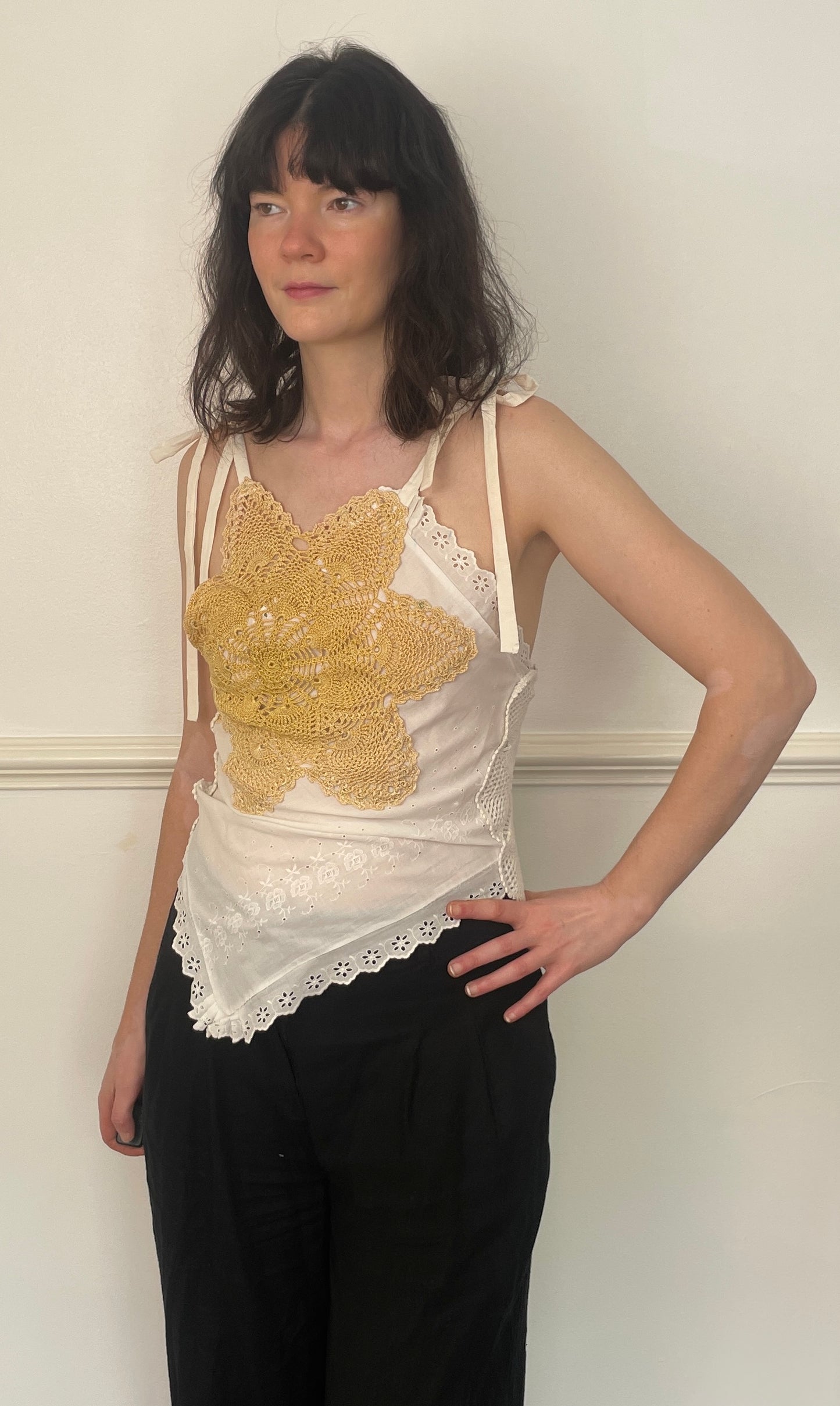 Handmade White Patchwork Floral Embroidered Tie Shoulder Sleeveless Top - Size 8