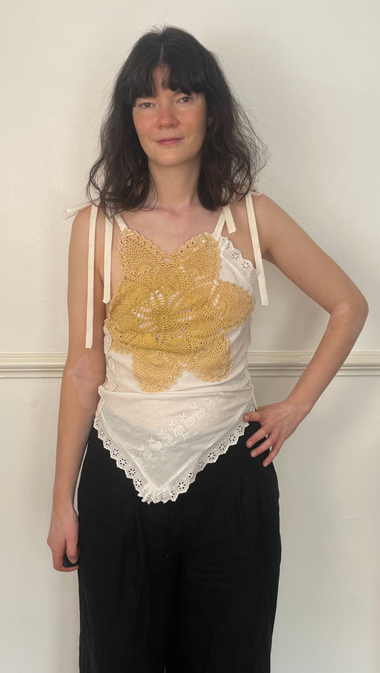 Handmade White Patchwork Floral Embroidered Tie Shoulder Sleeveless Top - Size 8