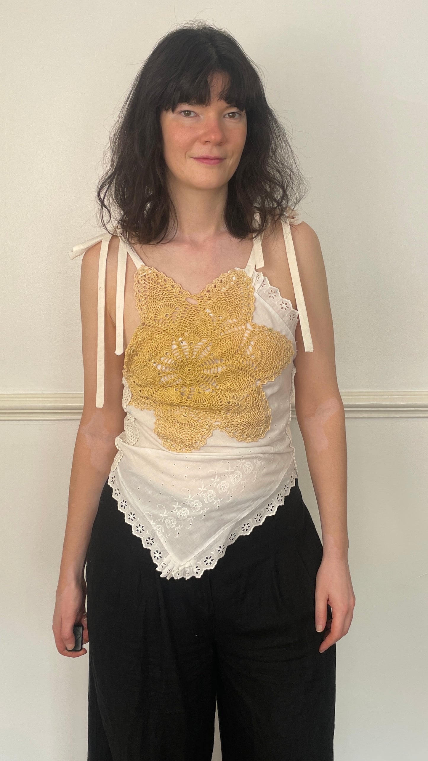 Handmade White Patchwork Floral Embroidered Tie Shoulder Sleeveless Top - Size 8