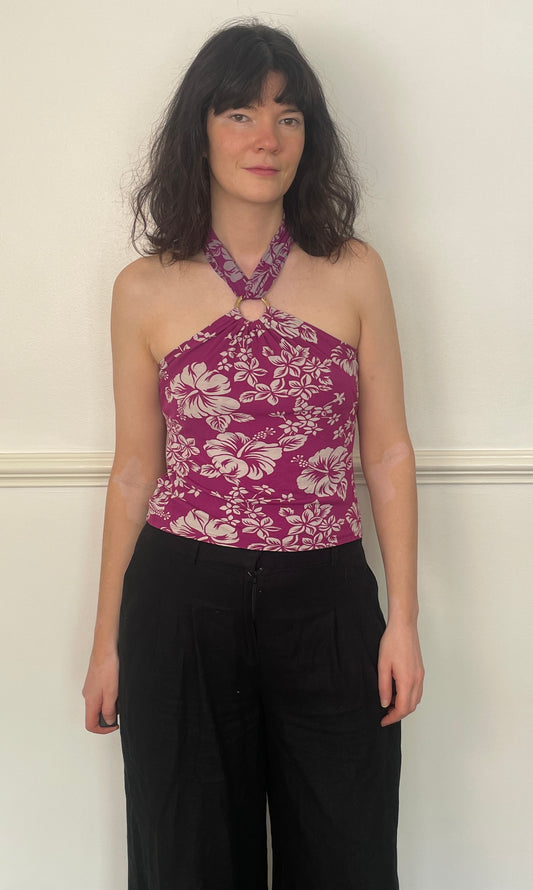 Vintage Y2K Marc Jacobs Purple Floral Halter Neck Crop Top - Size 10