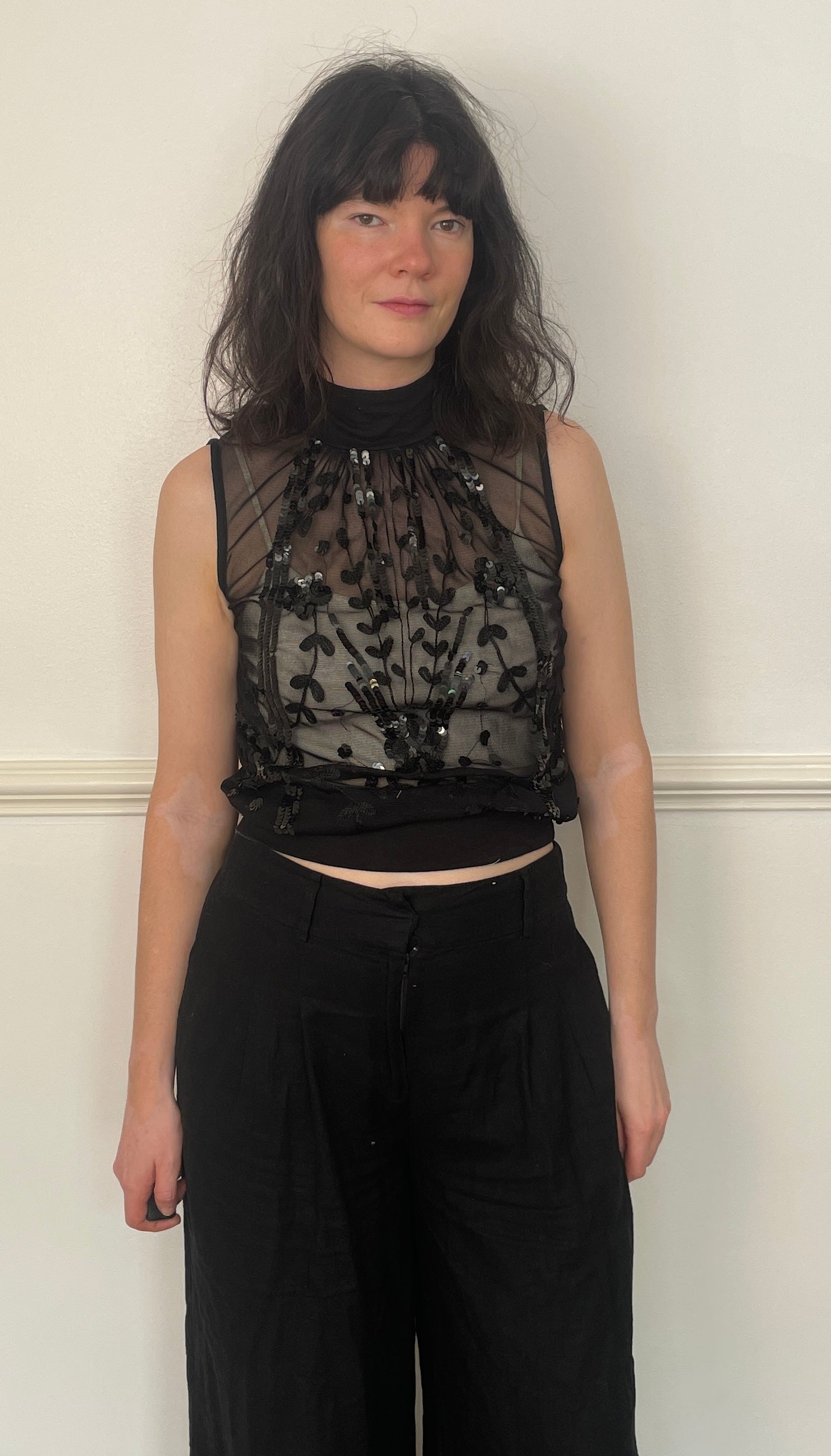Vintage Y2K Black Sequin Sleeveless Vest Top with High Neck - Size 10