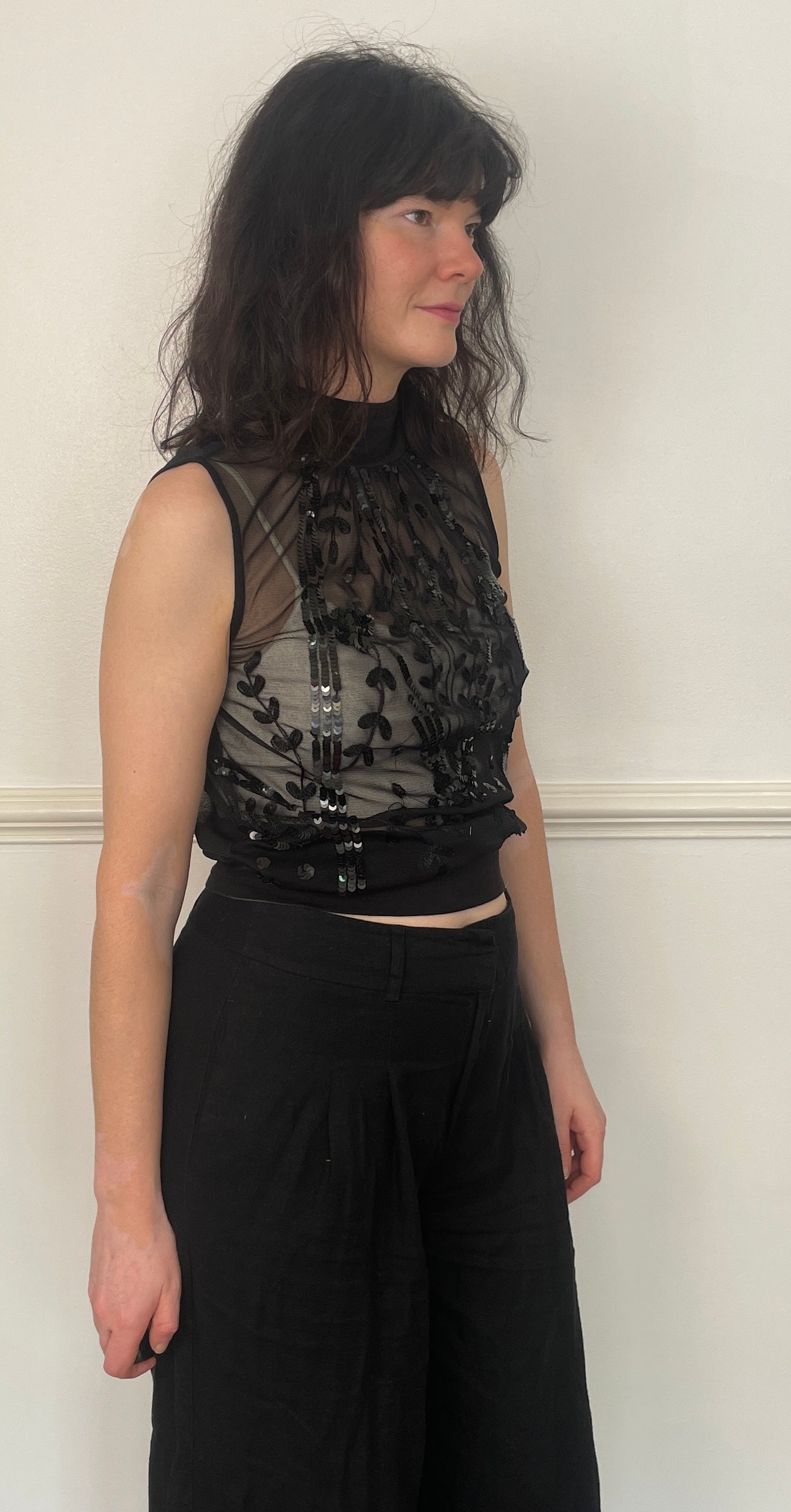 Vintage Y2K Black Sequin Sleeveless Vest Top with High Neck - Size 10