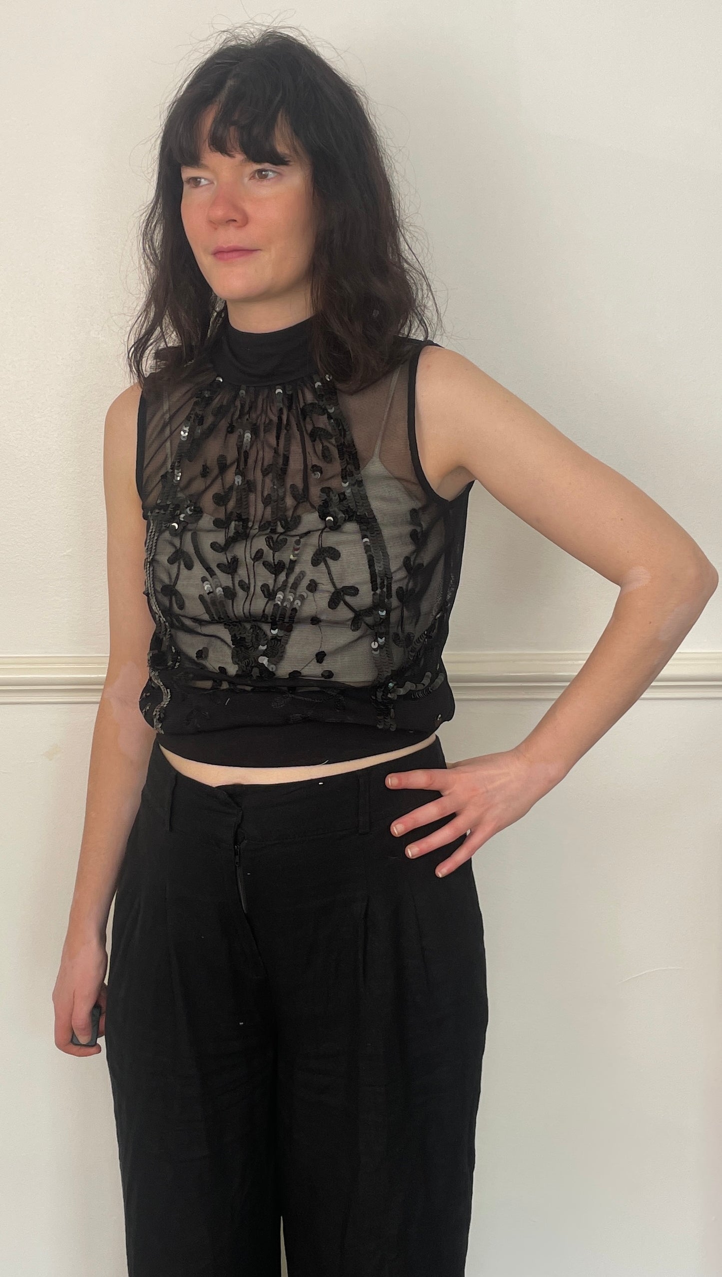 Vintage Y2K Black Sequin Sleeveless Vest Top with High Neck - Size 10