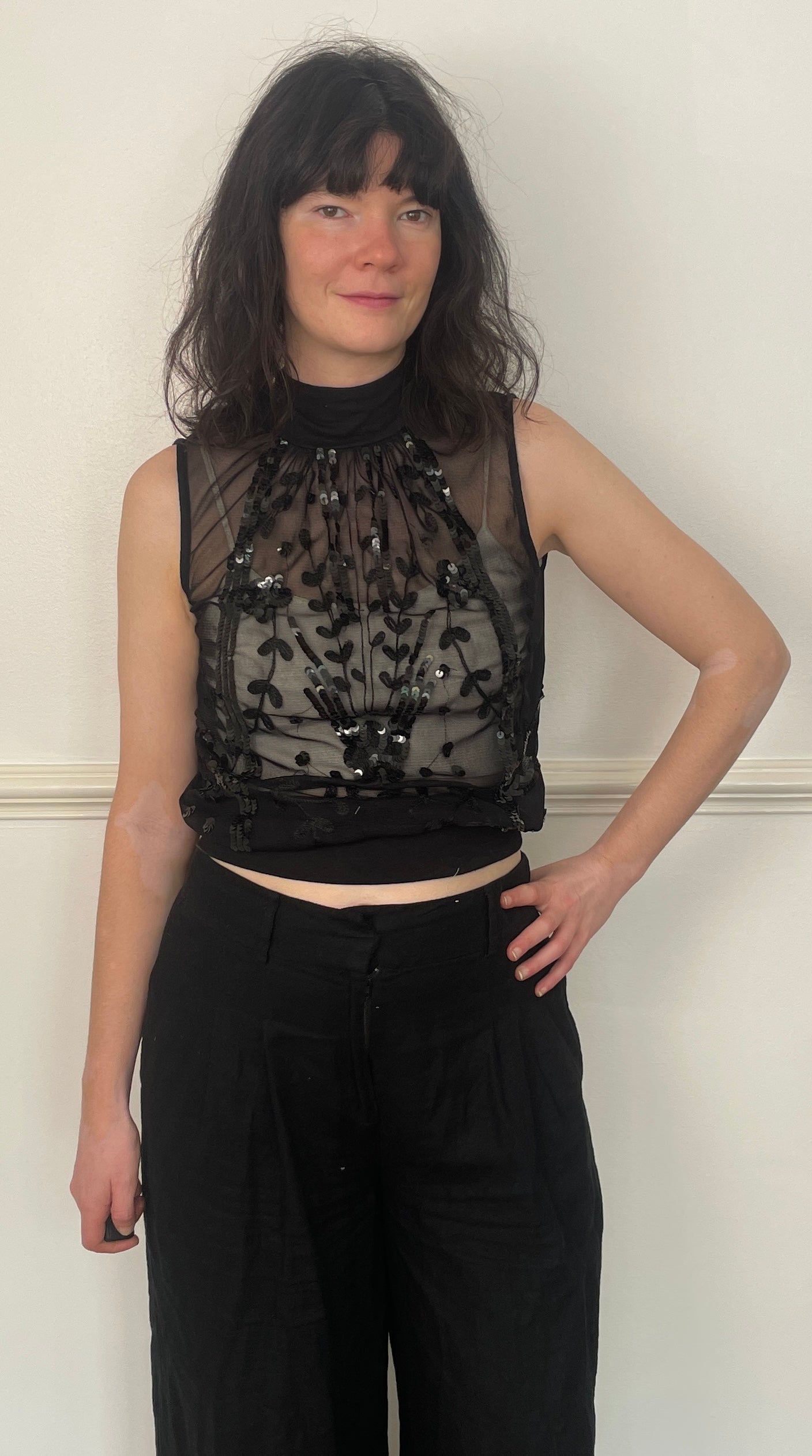Vintage Y2K Black Sequin Sleeveless Vest Top with High Neck - Size 10