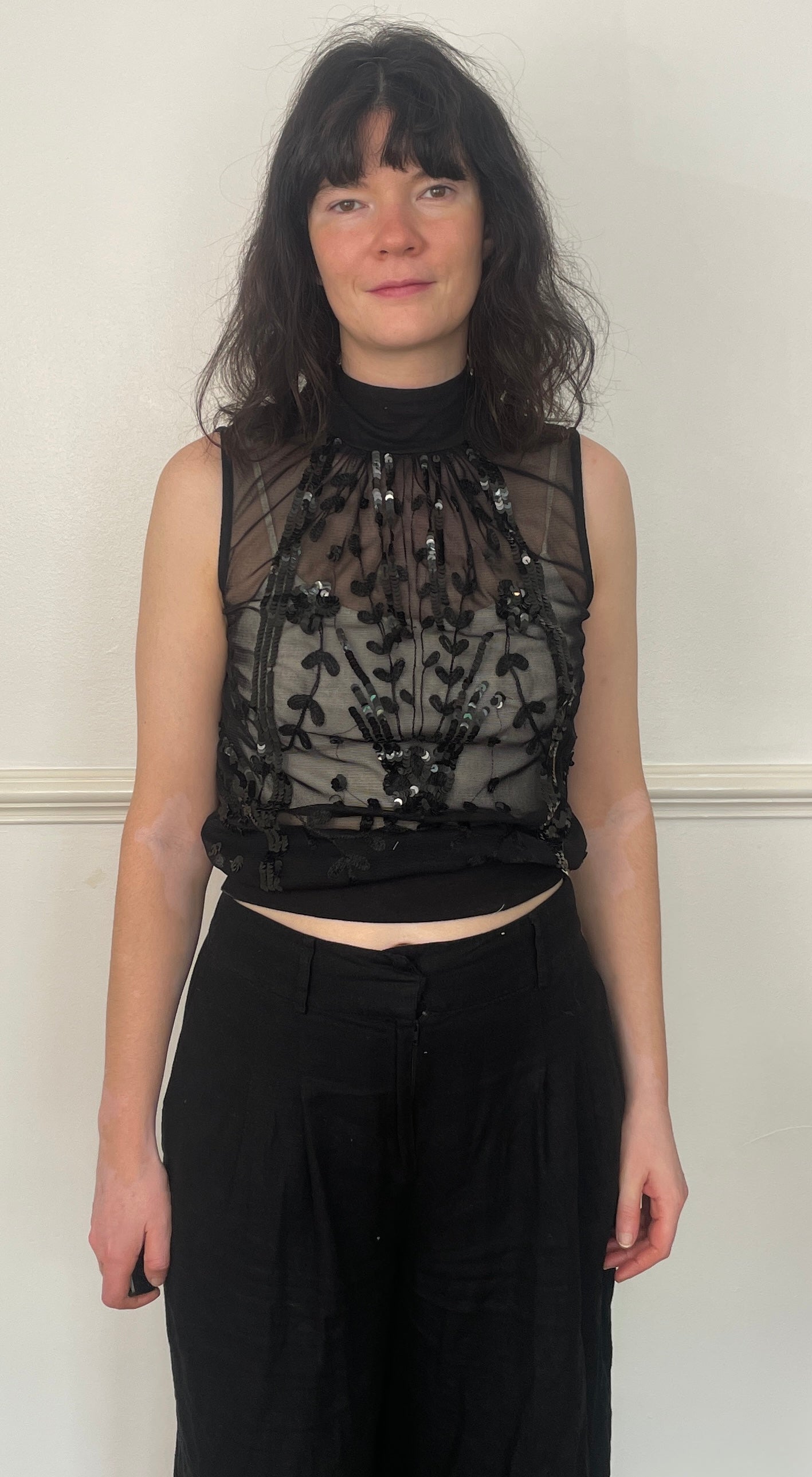 Vintage Y2K Black Sequin Sleeveless Vest Top with High Neck - Size 10