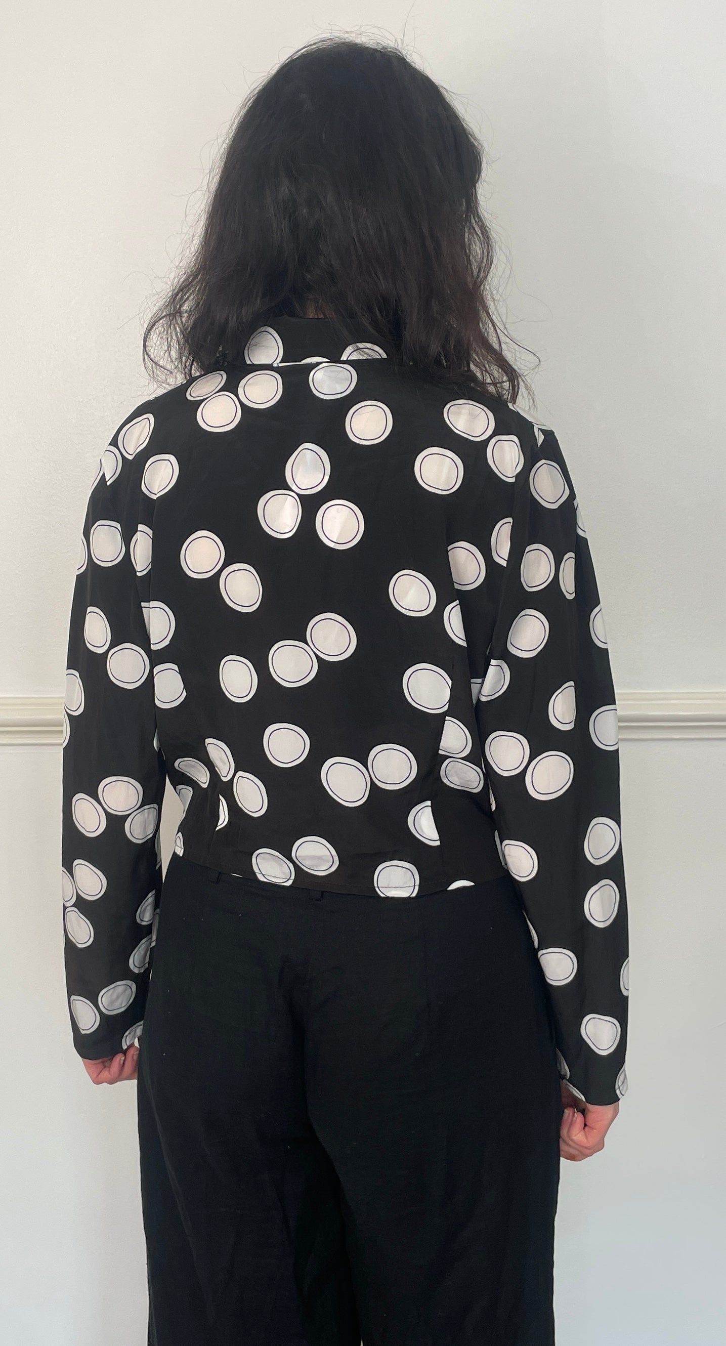 Vintage 90s Black Polka Dot Tie Front Cropped Long Sleeve Blouse - Size 12