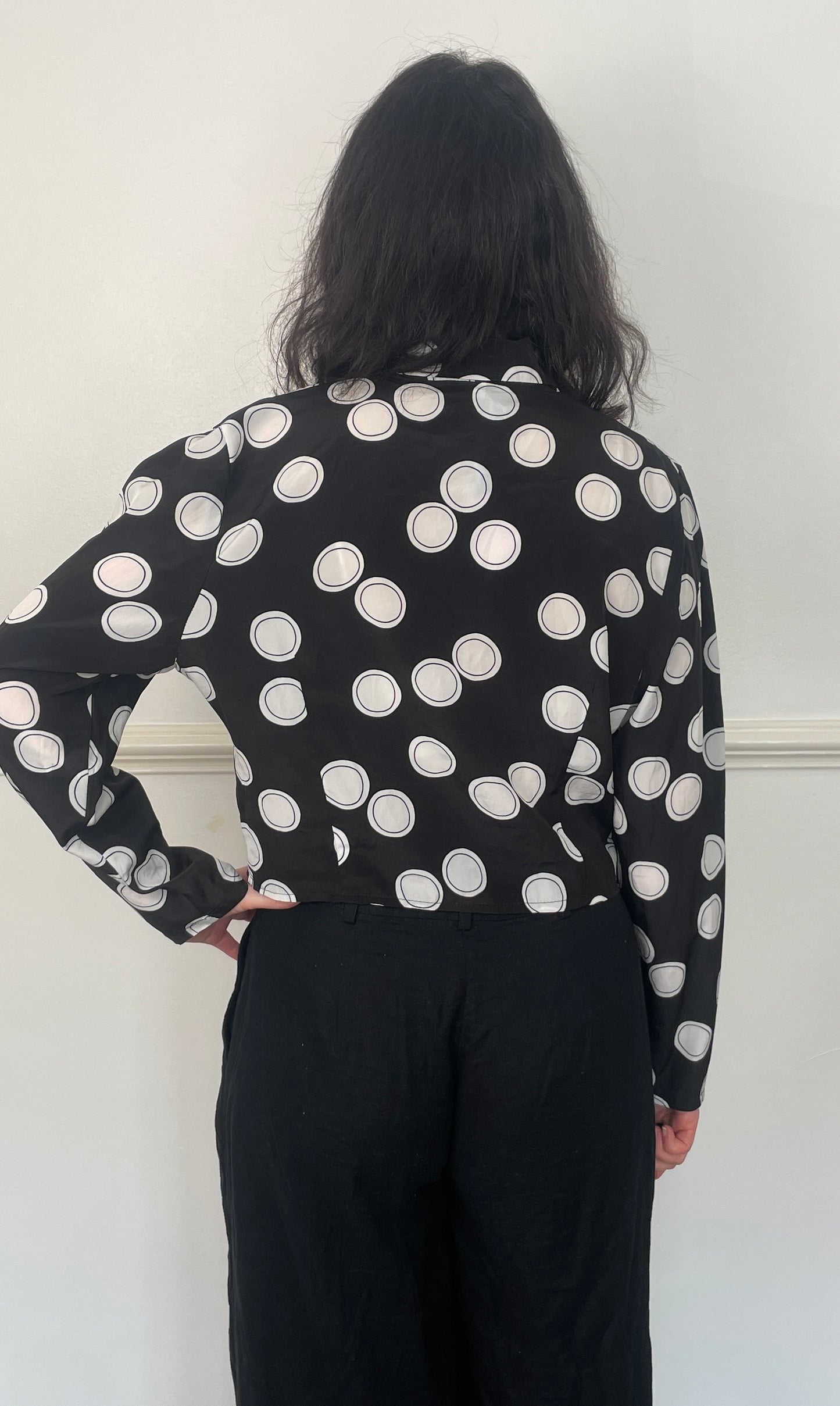 Vintage 90s Black Polka Dot Tie Front Cropped Long Sleeve Blouse - Size 12