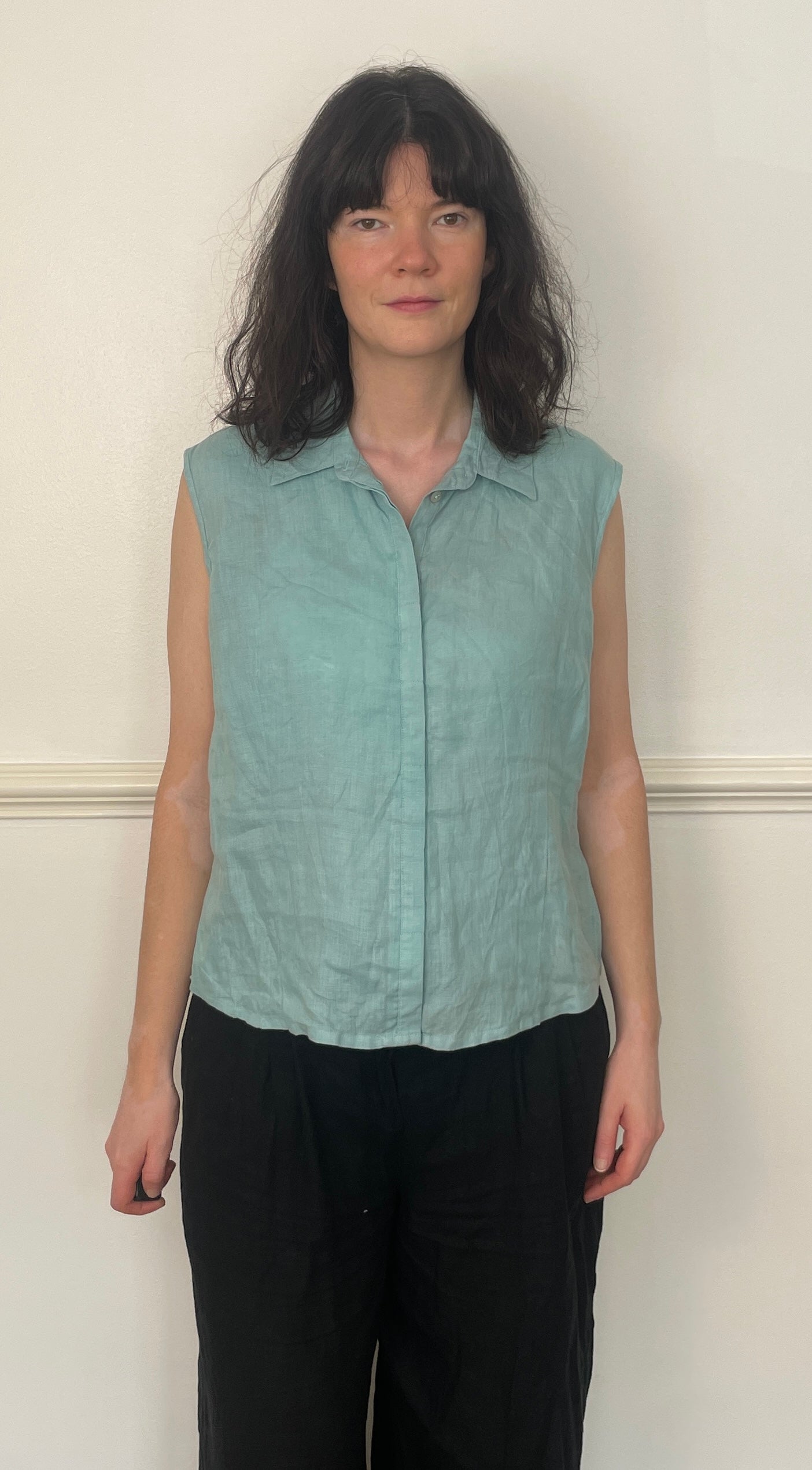 Vintage 90s Turquoise Blue Sleeveless Collared Linen Vest Top - Size 16