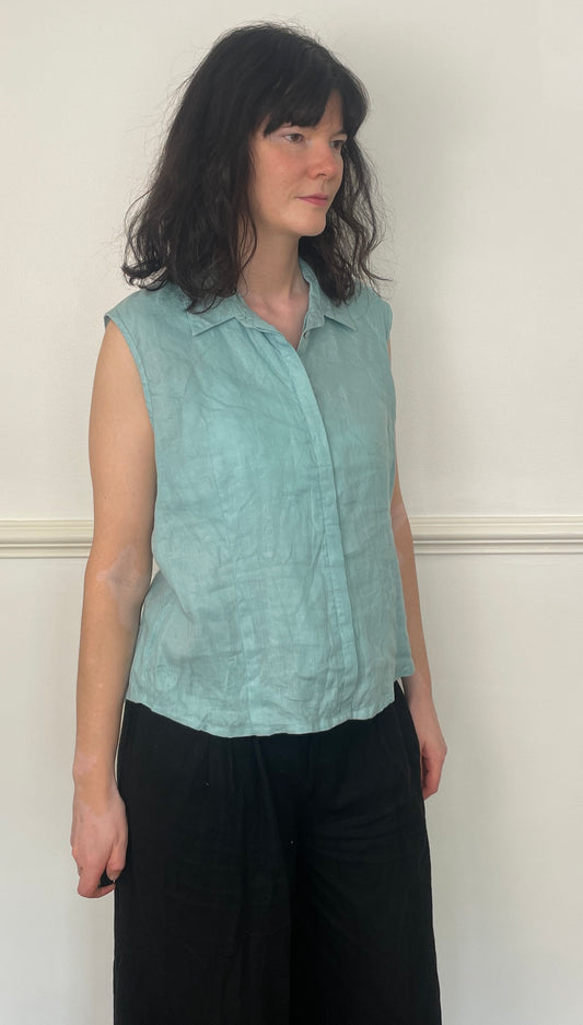 Vintage 90s Turquoise Blue Sleeveless Collared Linen Vest Top - Size 16