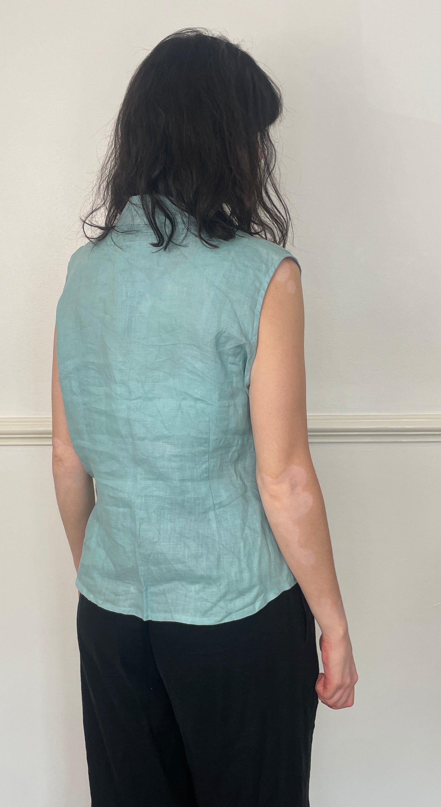 Vintage 90s Turquoise Blue Sleeveless Collared Linen Vest Top - Size 16