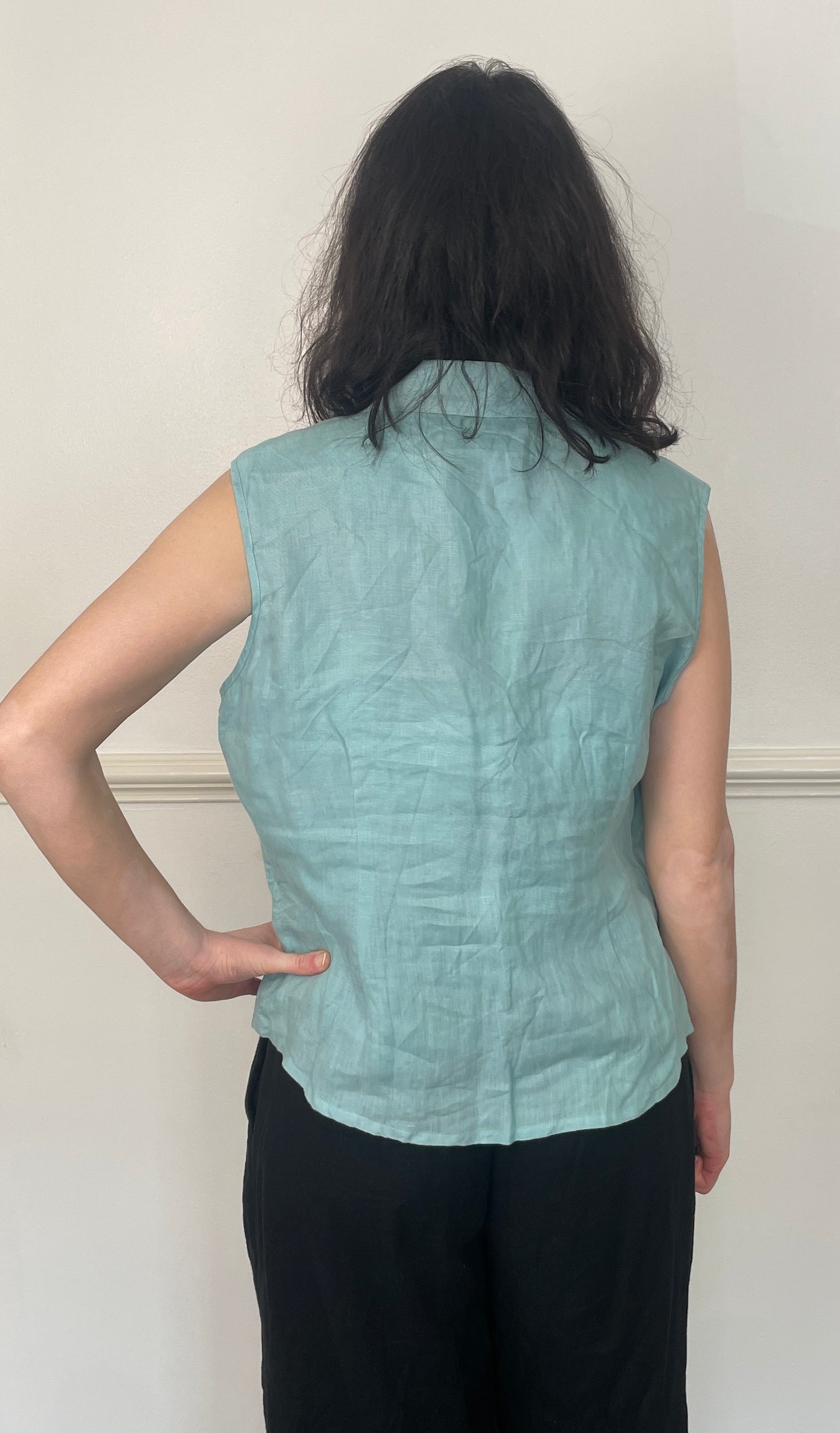 Vintage 90s Turquoise Blue Sleeveless Collared Linen Vest Top - Size 16