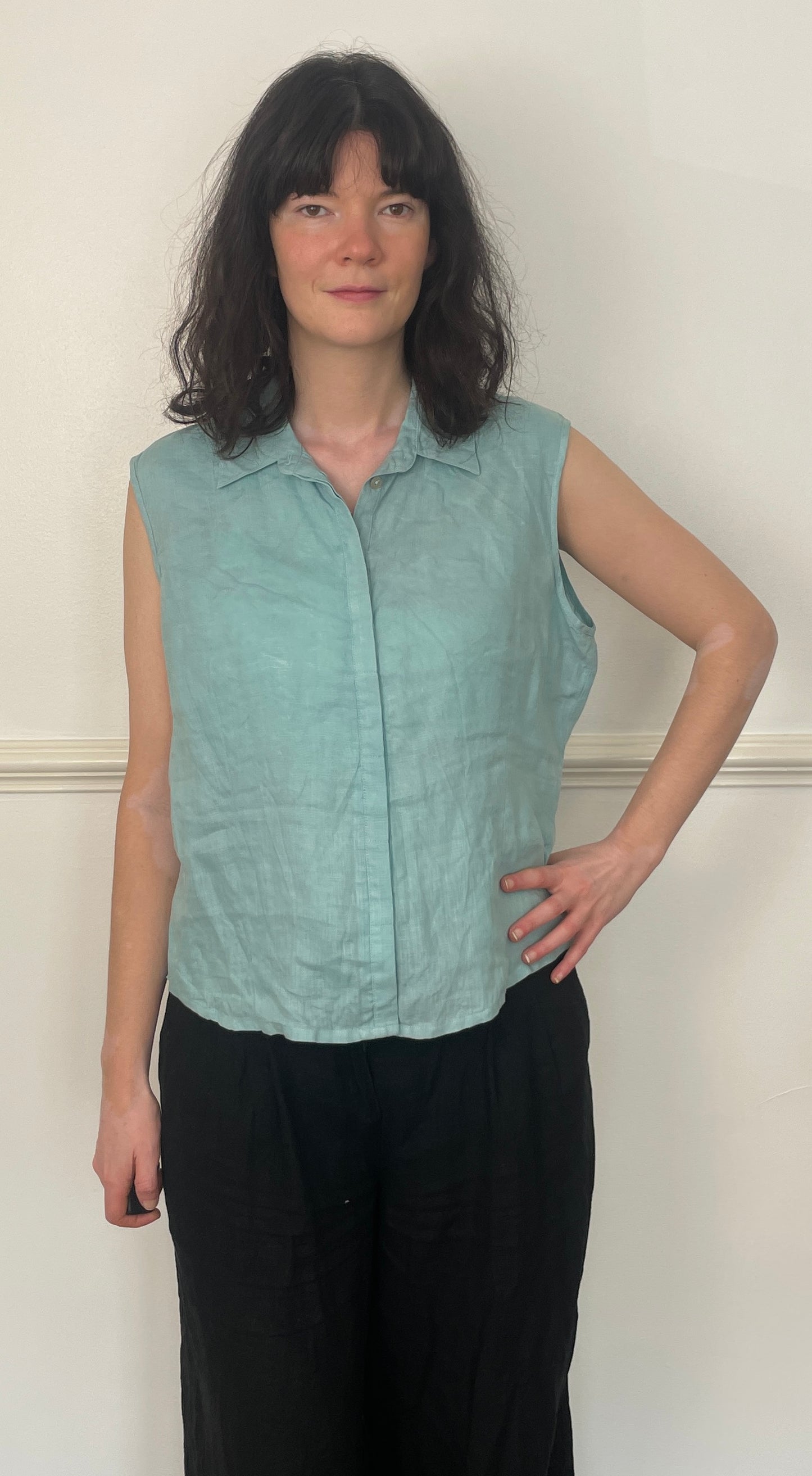 Vintage 90s Turquoise Blue Sleeveless Collared Linen Vest Top - Size 16