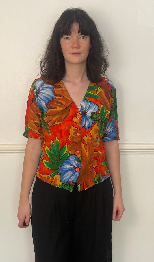 Vintage 80s Orange Tropical Print V Neck Short Sleeve Shirt - Size 10