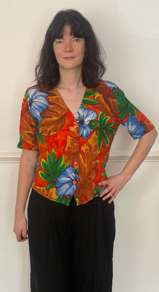 Vintage 80s Orange Tropical Print V Neck Short Sleeve Shirt - Size 10