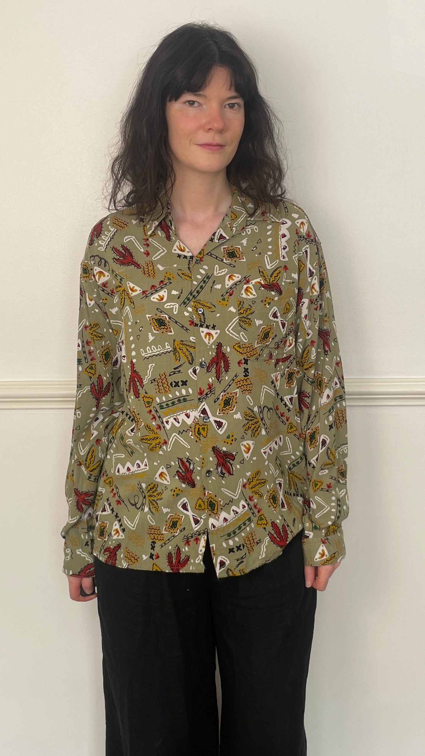 Vintage 90s Khaki Green Western Print Unisex Collared Shirt - Size 14