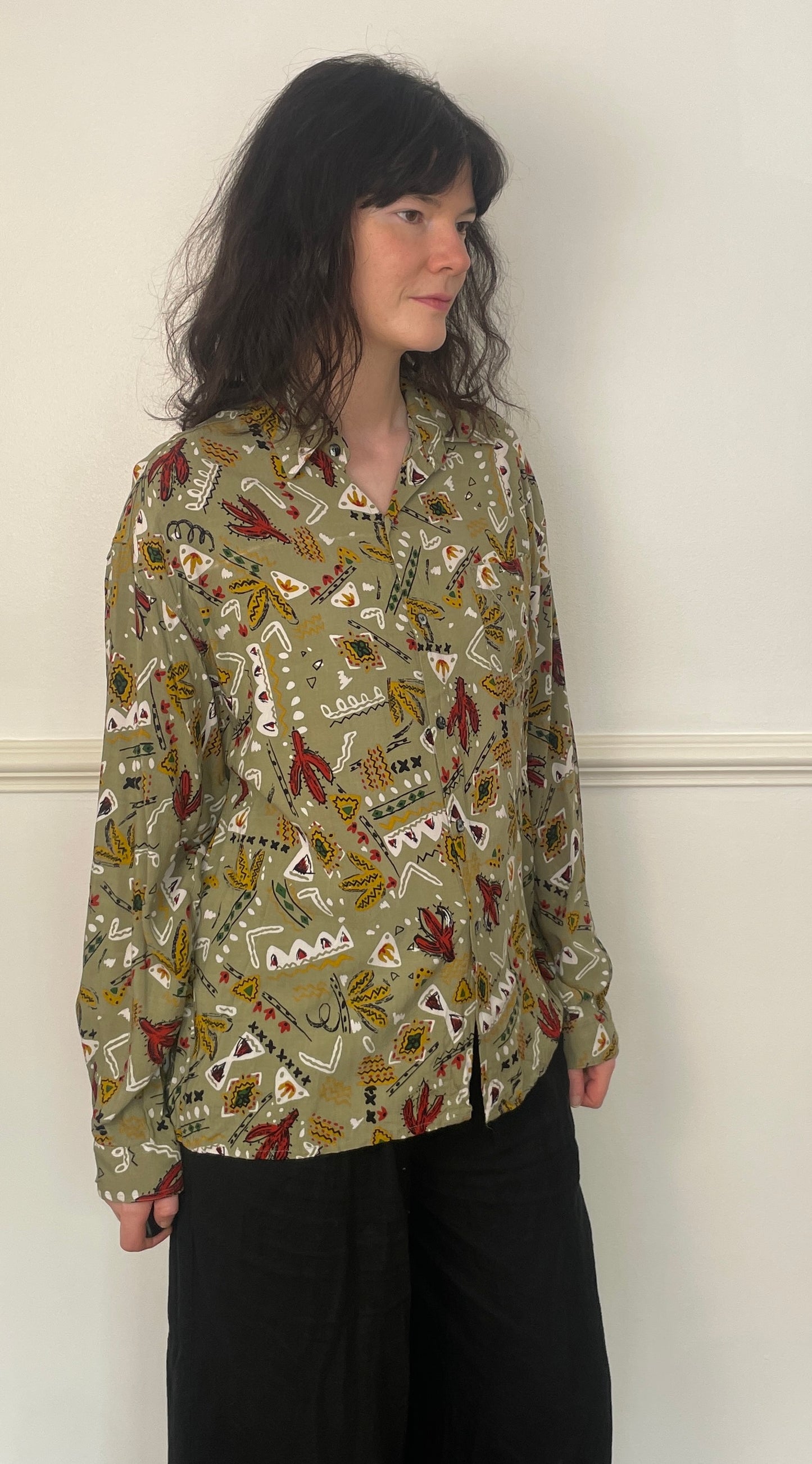 Vintage 90s Khaki Green Western Print Unisex Collared Shirt - Size 14