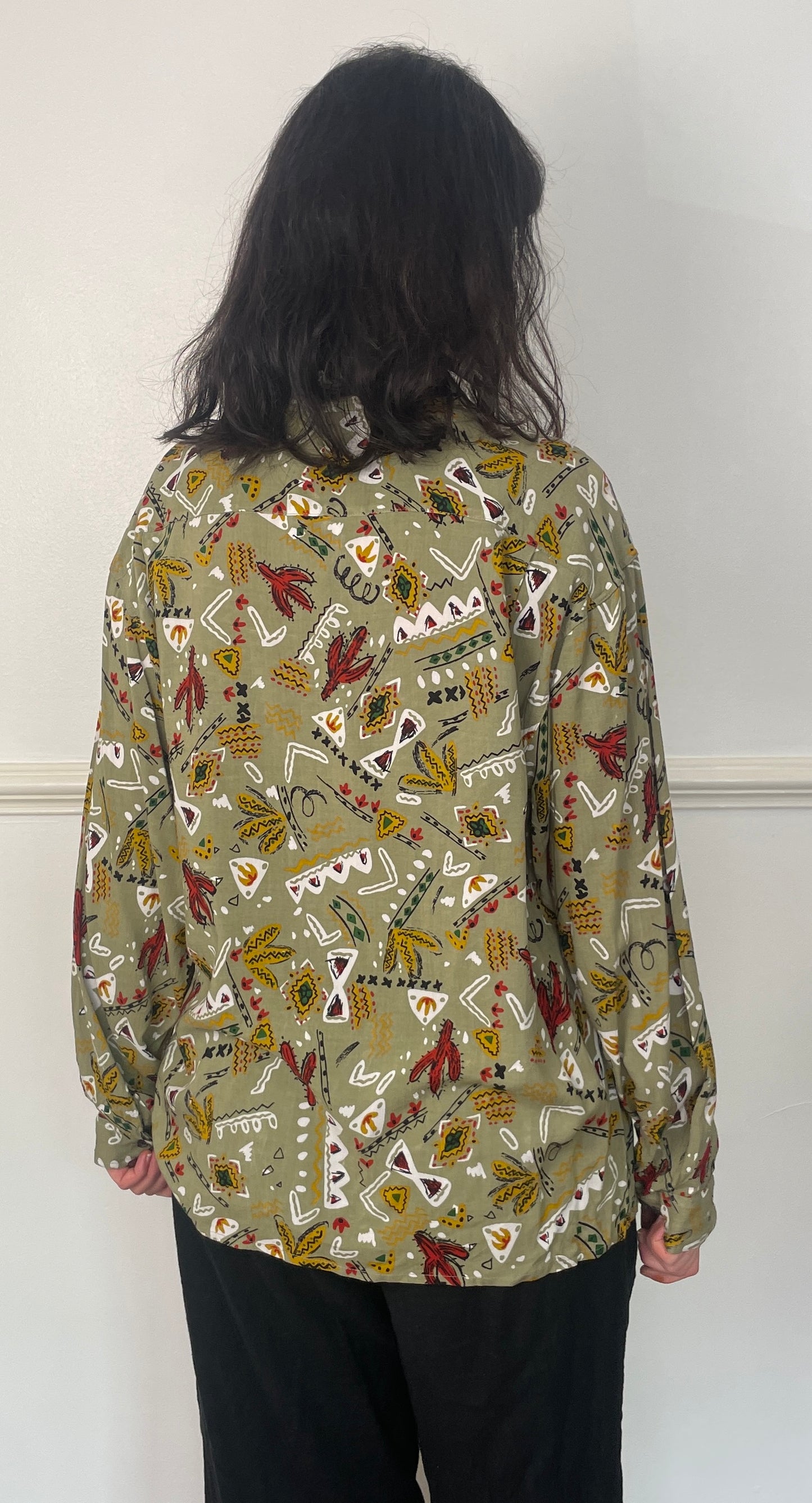 Vintage 90s Khaki Green Western Print Unisex Collared Shirt - Size 14