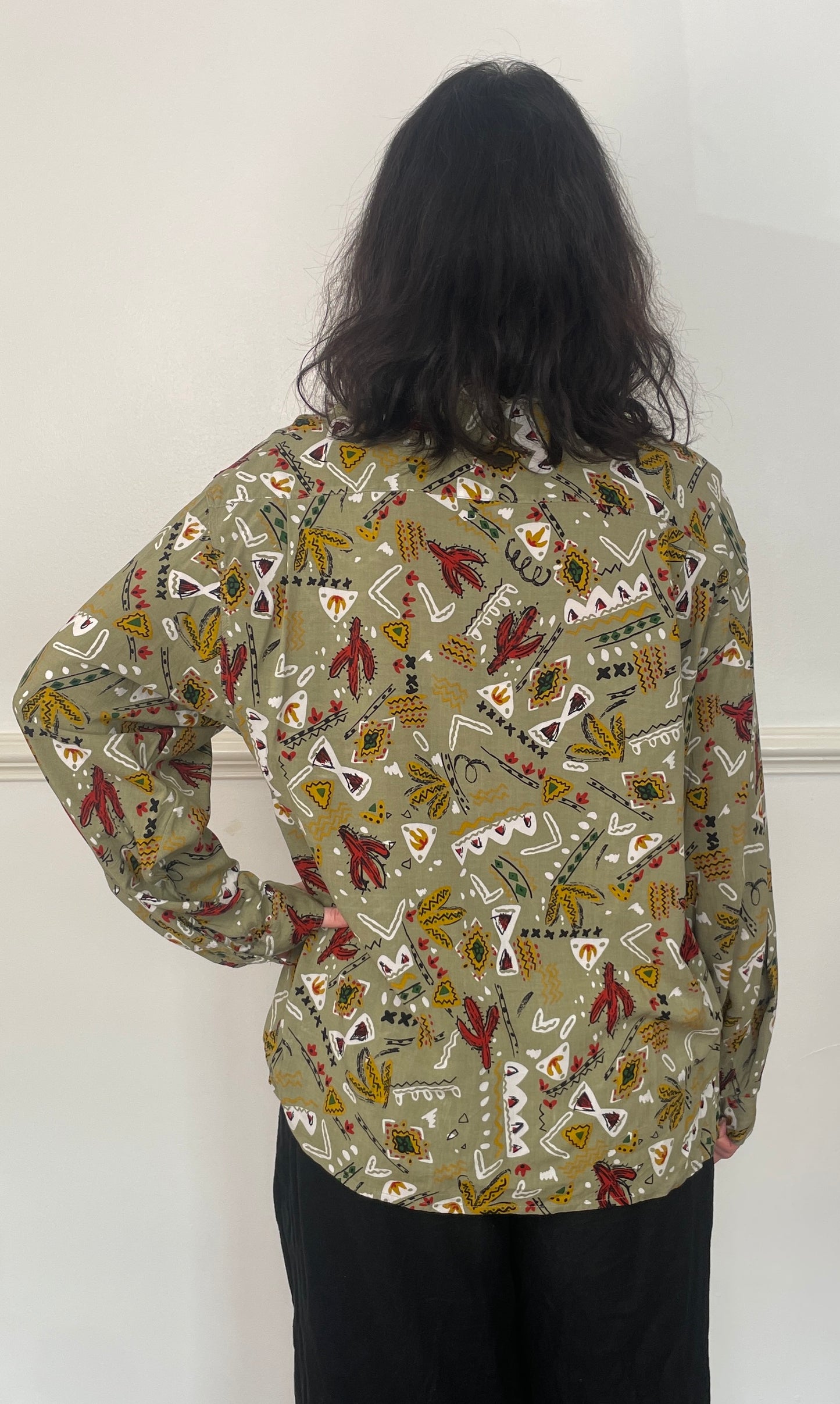 Vintage 90s Khaki Green Western Print Unisex Collared Shirt - Size 14
