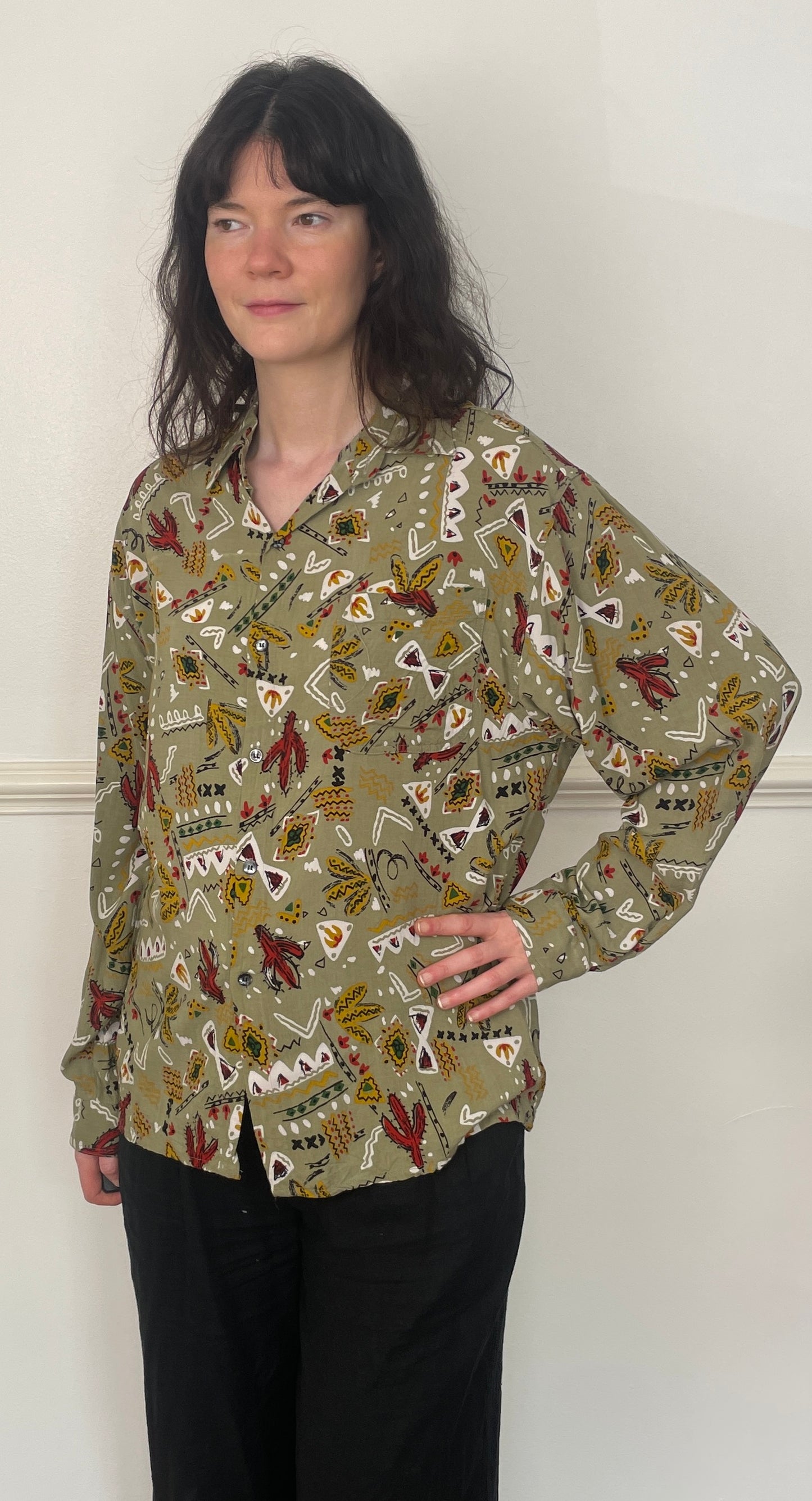 Vintage 90s Khaki Green Western Print Unisex Collared Shirt - Size 14