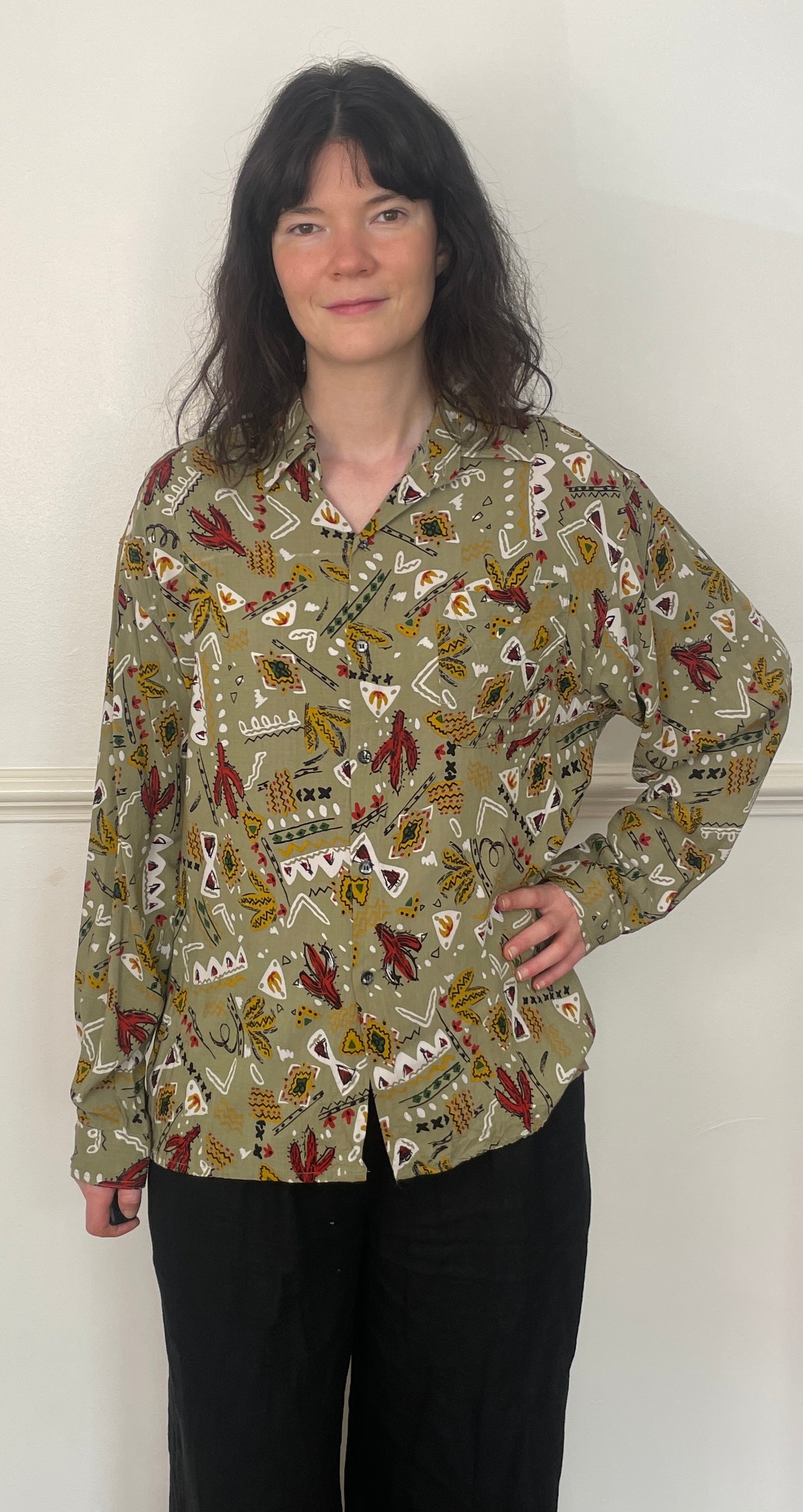 Vintage 90s Khaki Green Western Print Unisex Collared Shirt - Size 14