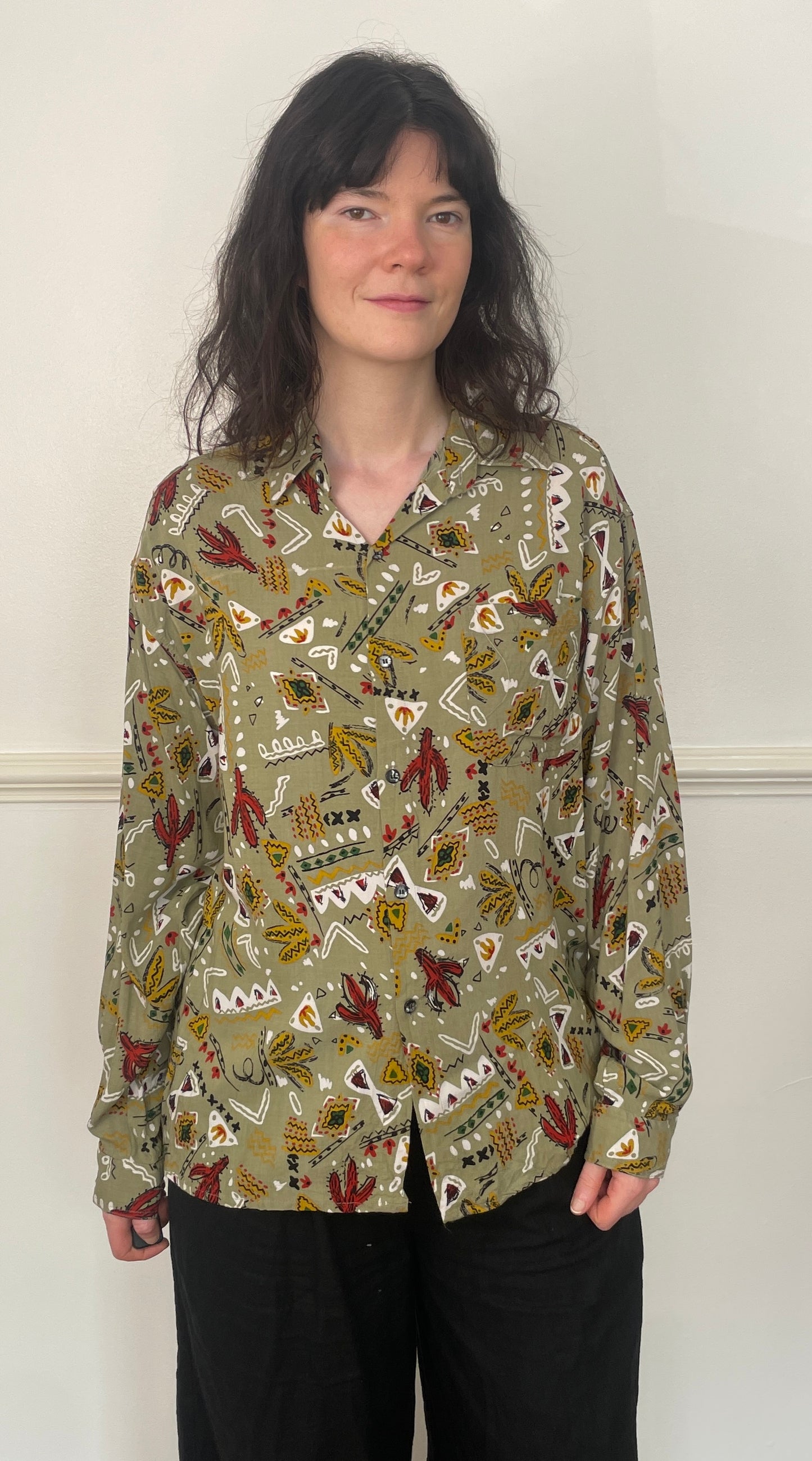 Vintage 90s Khaki Green Western Print Unisex Collared Shirt - Size 14