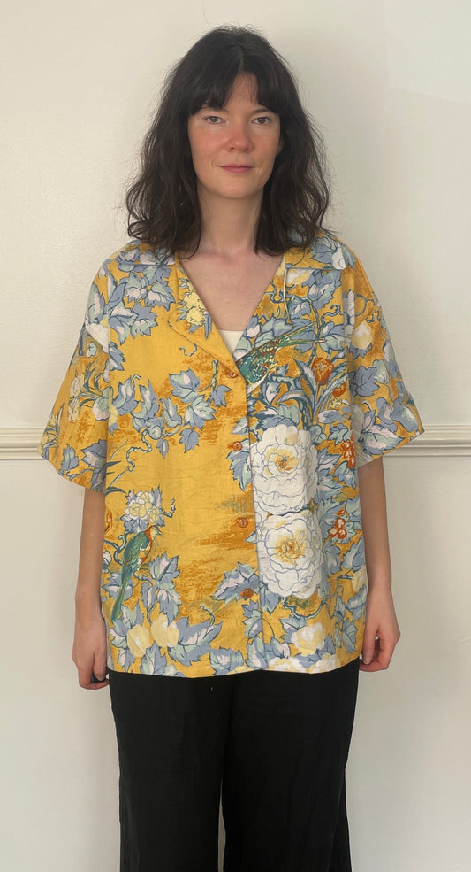 Handmade Orange Floral Cotton Short Sleeve Revere Collar Shirt - Size 16