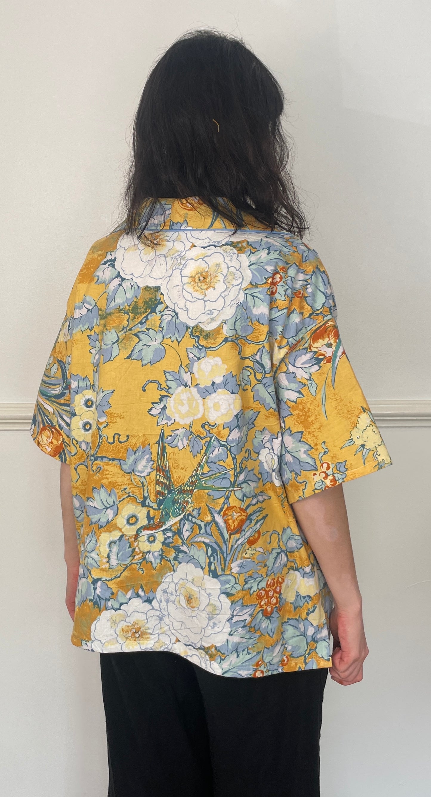 Handmade Orange Floral Cotton Short Sleeve Revere Collar Shirt - Size 16
