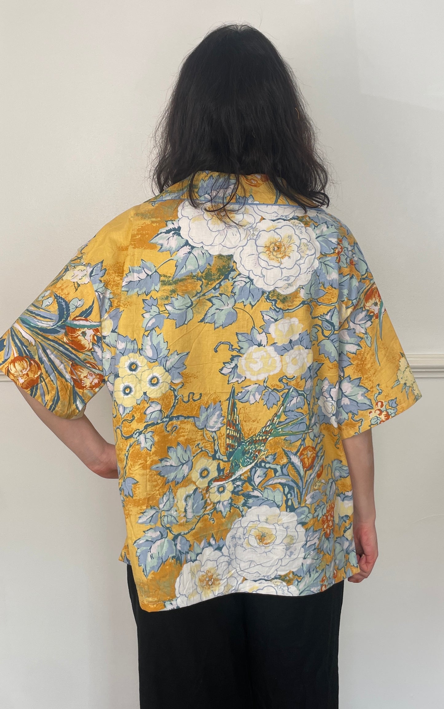 Handmade Orange Floral Cotton Short Sleeve Revere Collar Shirt - Size 16