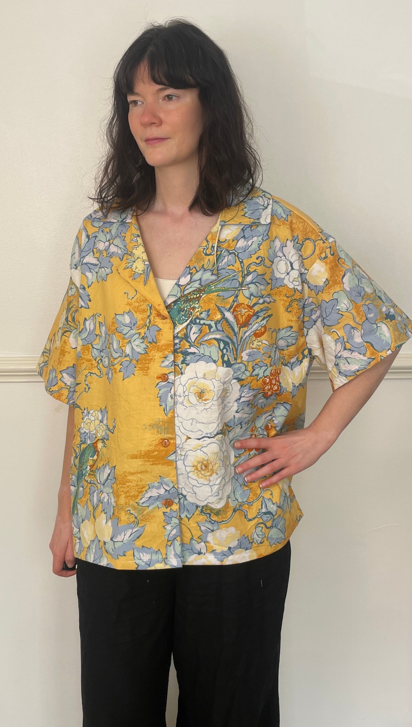 Handmade Orange Floral Cotton Short Sleeve Revere Collar Shirt - Size 16