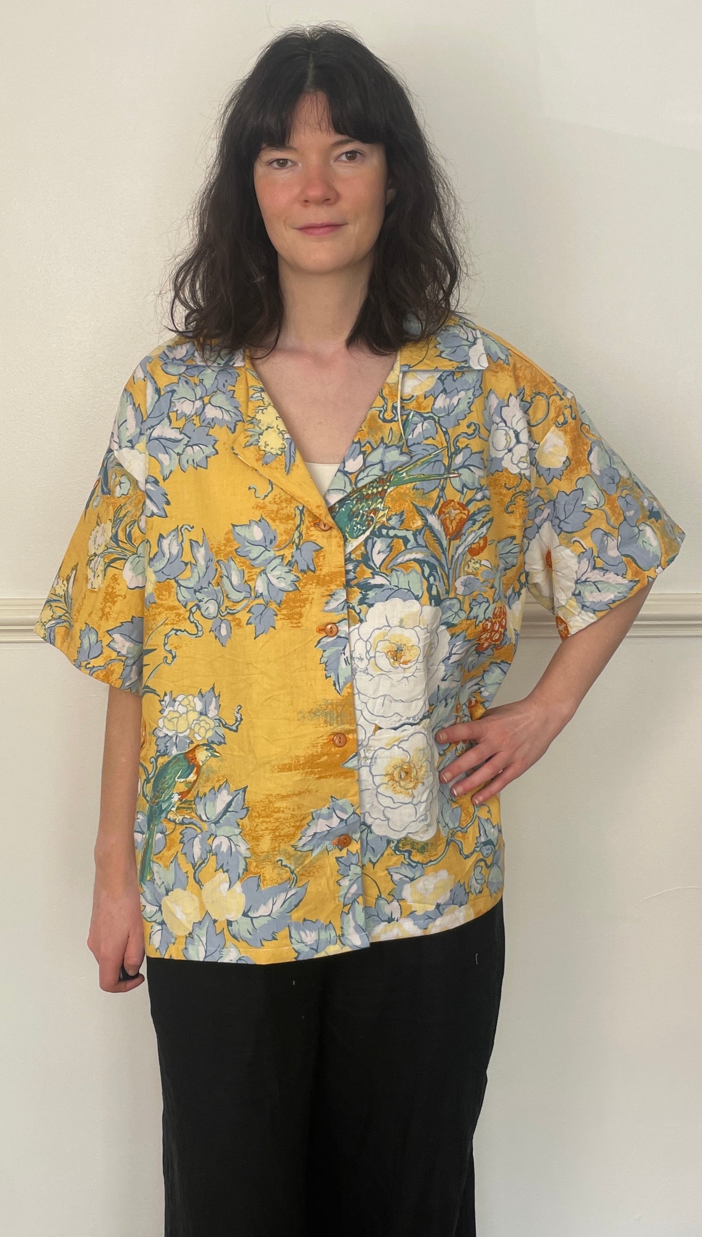 Handmade Orange Floral Cotton Short Sleeve Revere Collar Shirt - Size 16