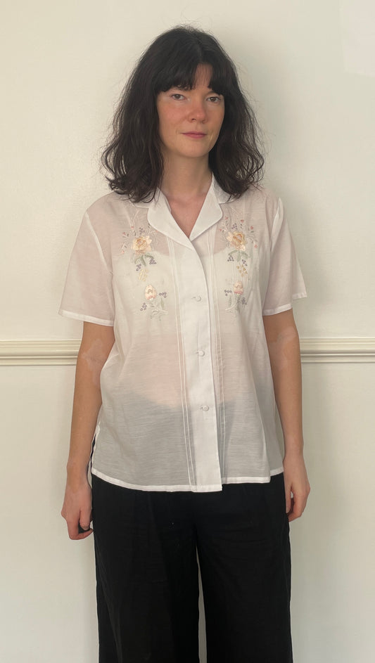 Vintage 90s White Floral Embroidered Short Sleeve  - Size 12