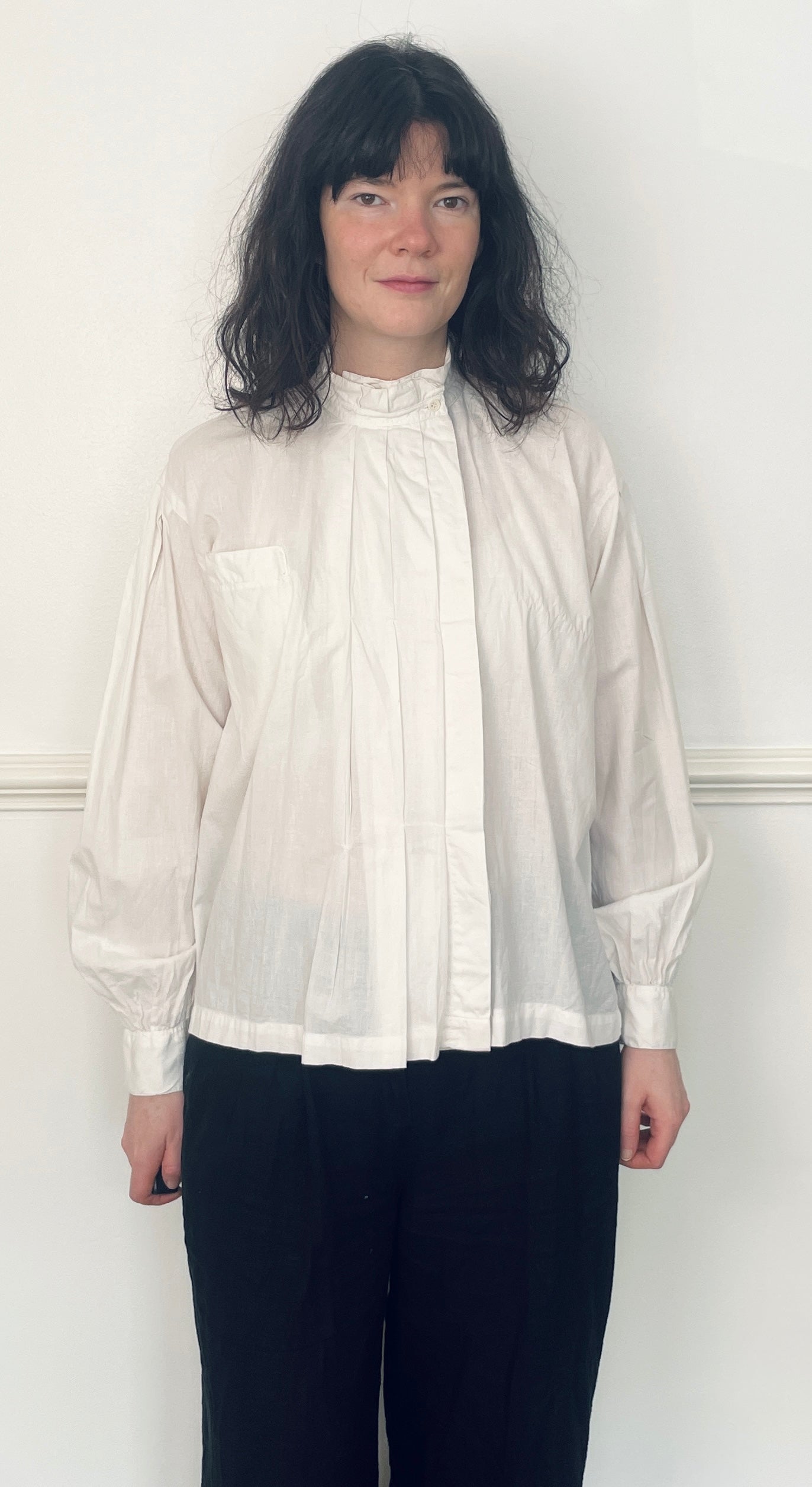 Vintage 90s White Cotton Pleated Front High Neck Blouse - Size 12