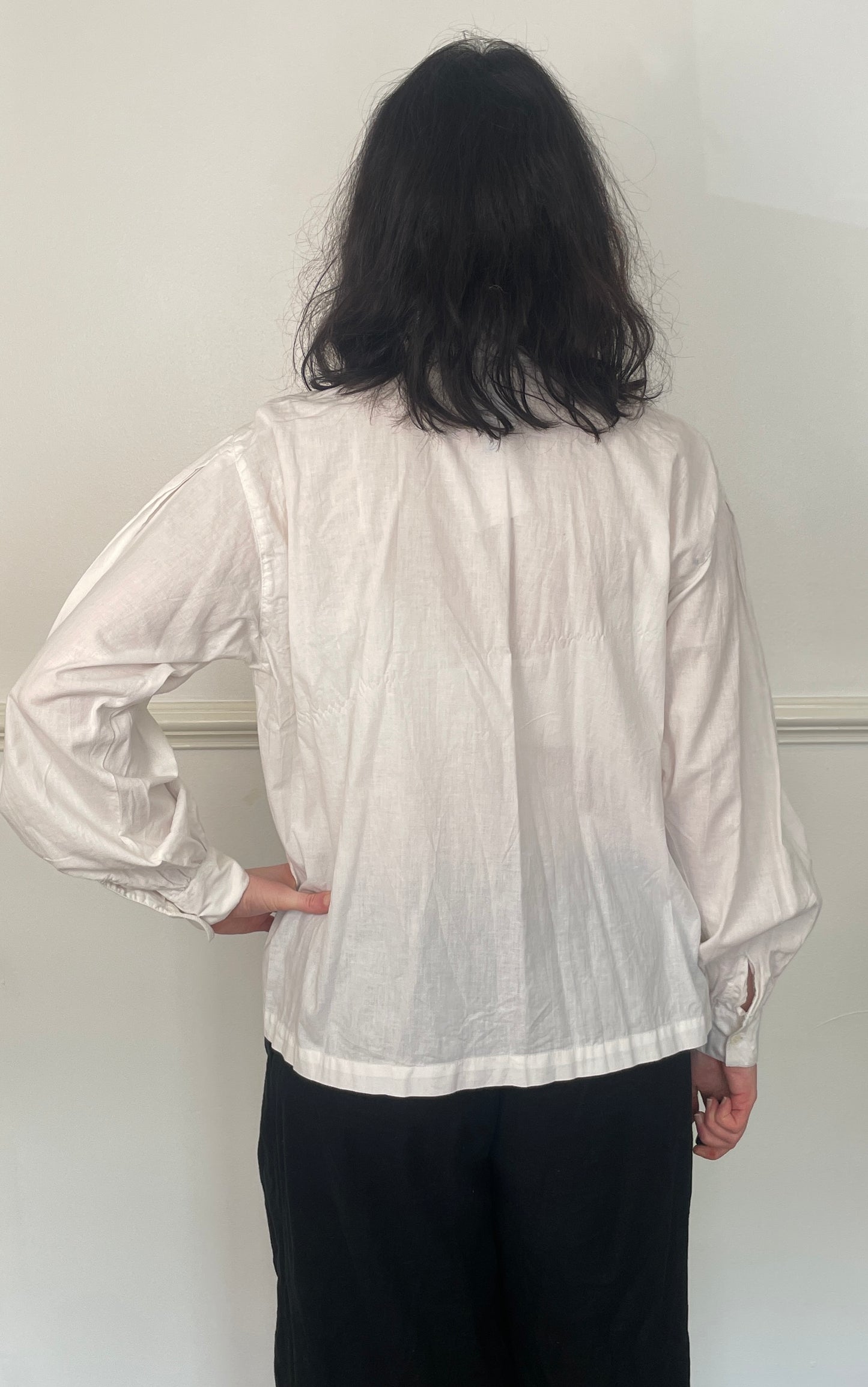 Vintage 90s White Cotton Pleated Front High Neck Blouse - Size 12