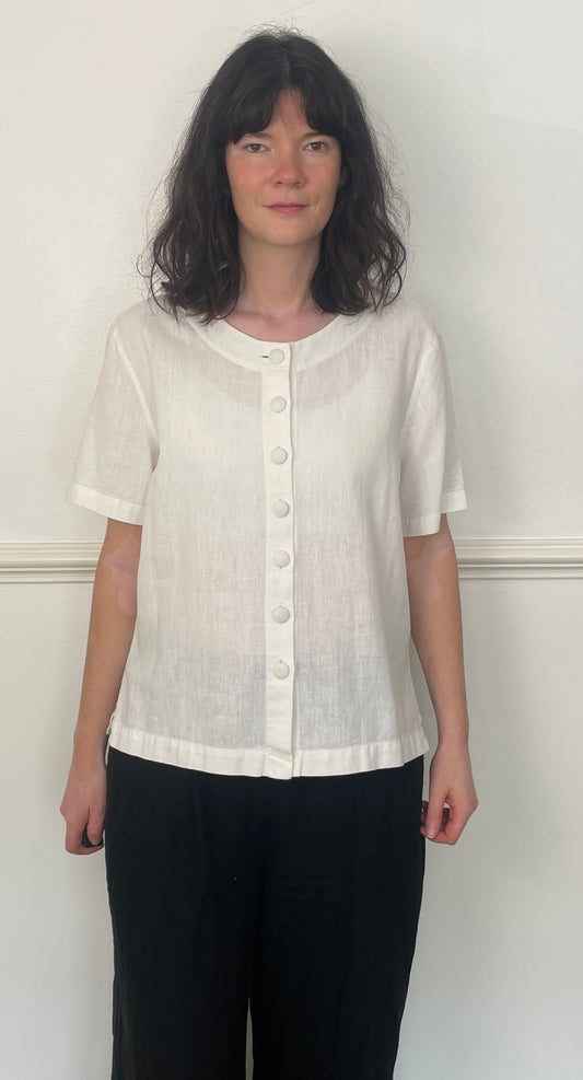 Vintage 90s White Linen Button Front Short Sleeve Shirt - Size 14