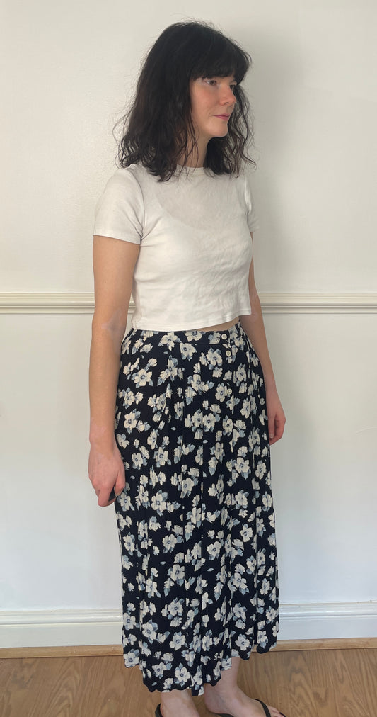 Vintage 90s Blue Floral Elastic Waist Plisse Button Midi Skirt - Size 10