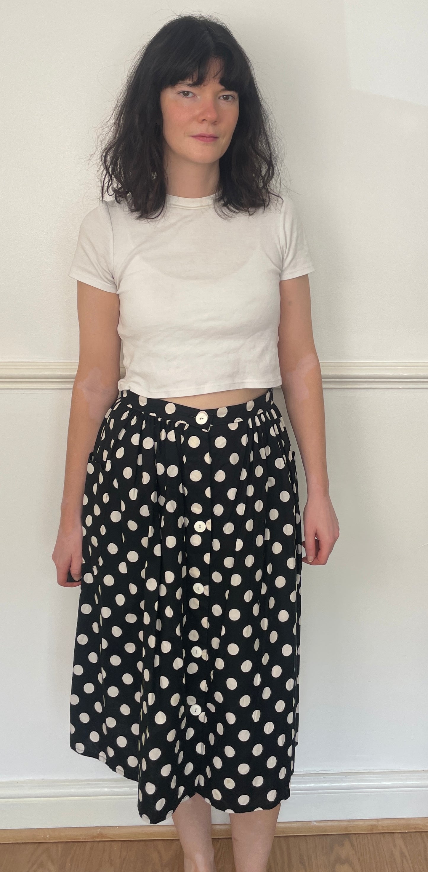 Vintage 80s Black Polka Dot Cotton Button Midi Skirt - Size 12