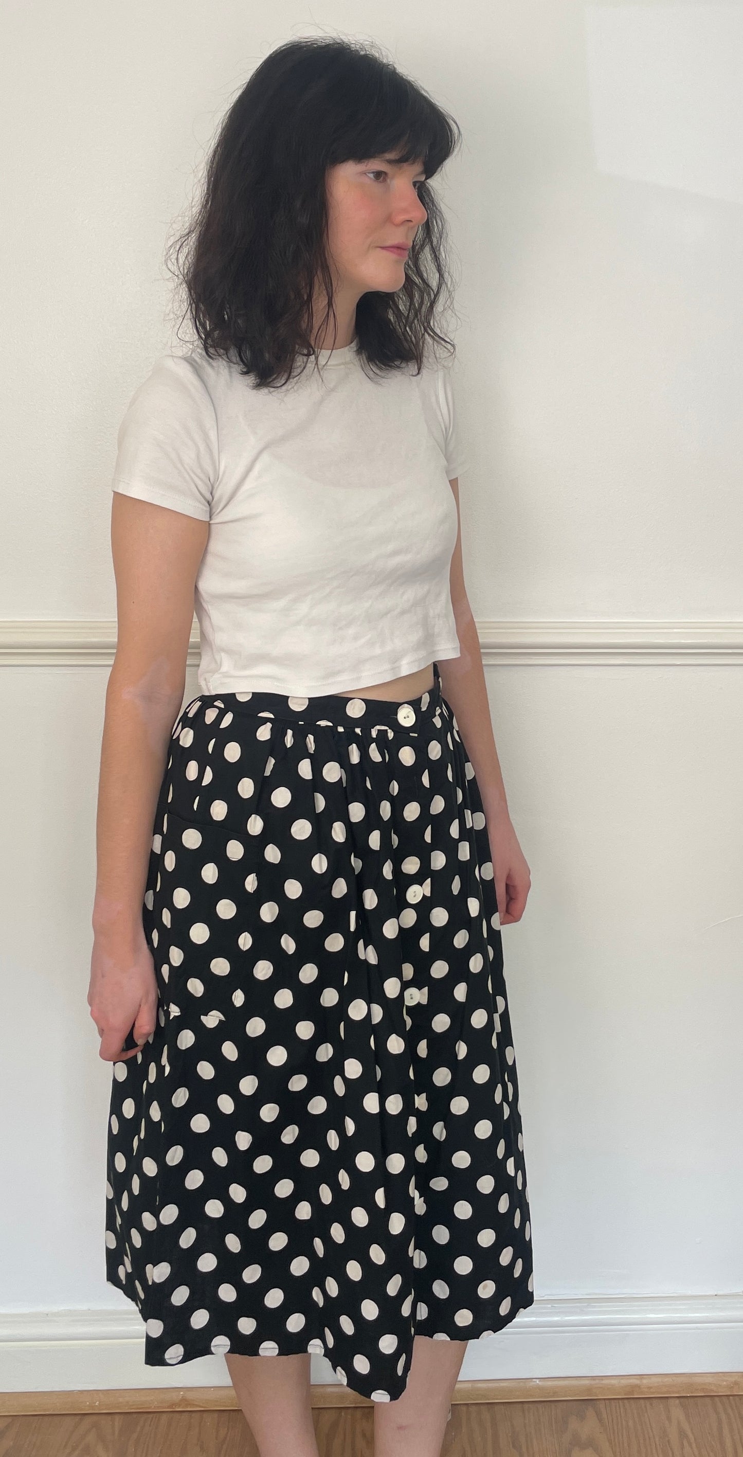 Vintage 80s Black Polka Dot Cotton Button Midi Skirt - Size 12