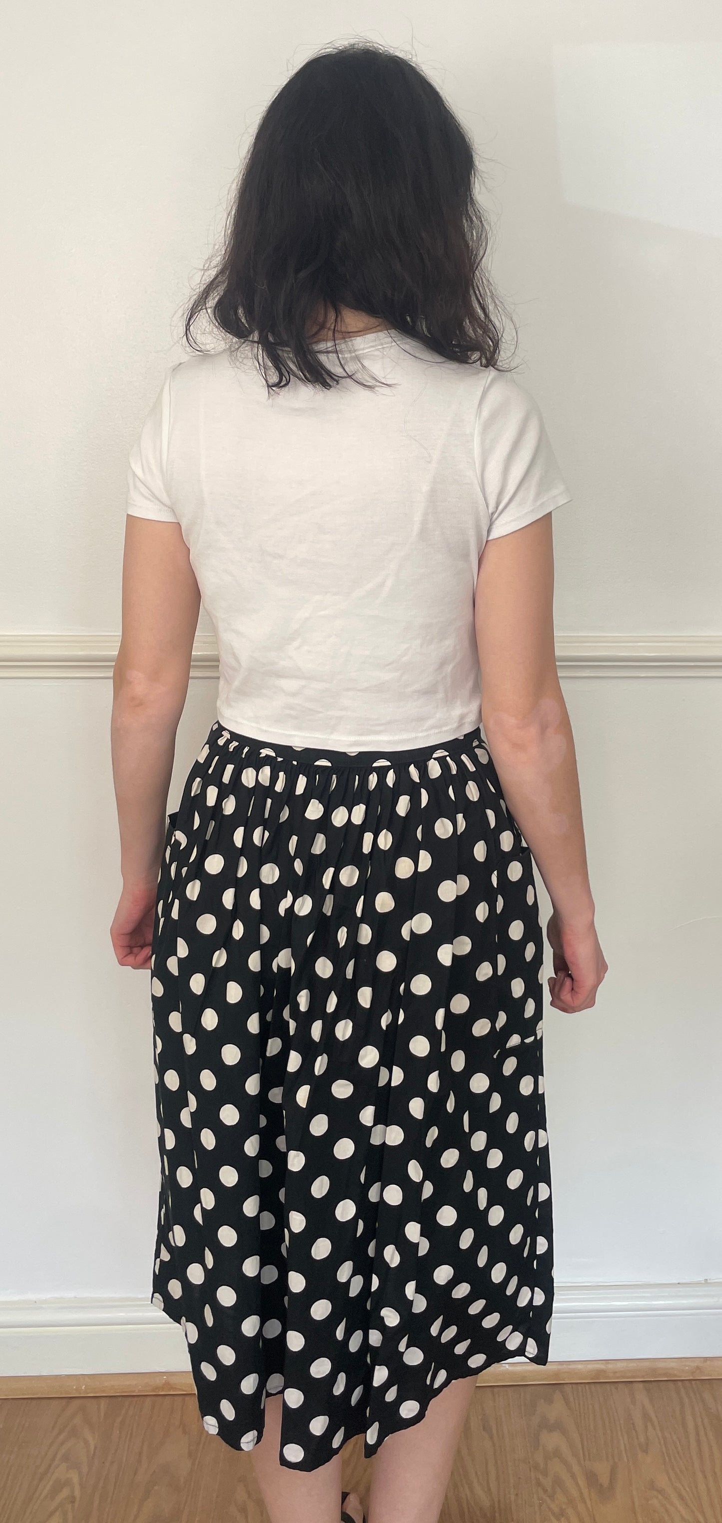 Vintage 80s Black Polka Dot Cotton Button Midi Skirt - Size 12