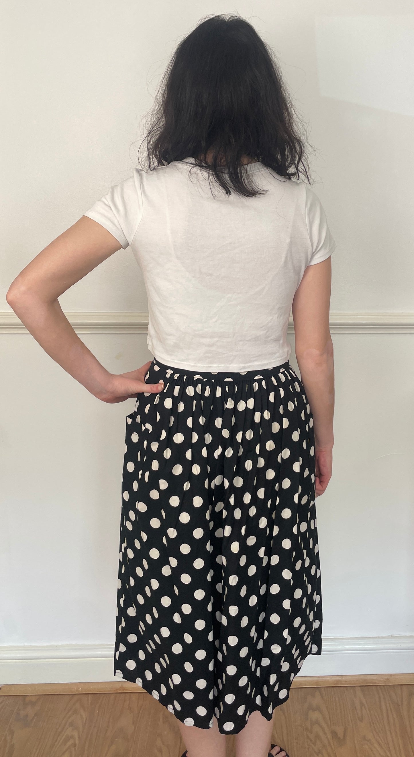 Vintage 80s Black Polka Dot Cotton Button Midi Skirt - Size 12