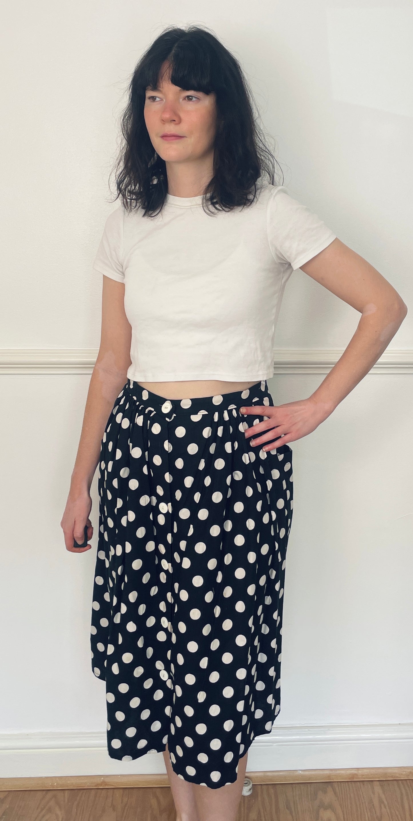 Vintage 80s Black Polka Dot Cotton Button Midi Skirt - Size 12