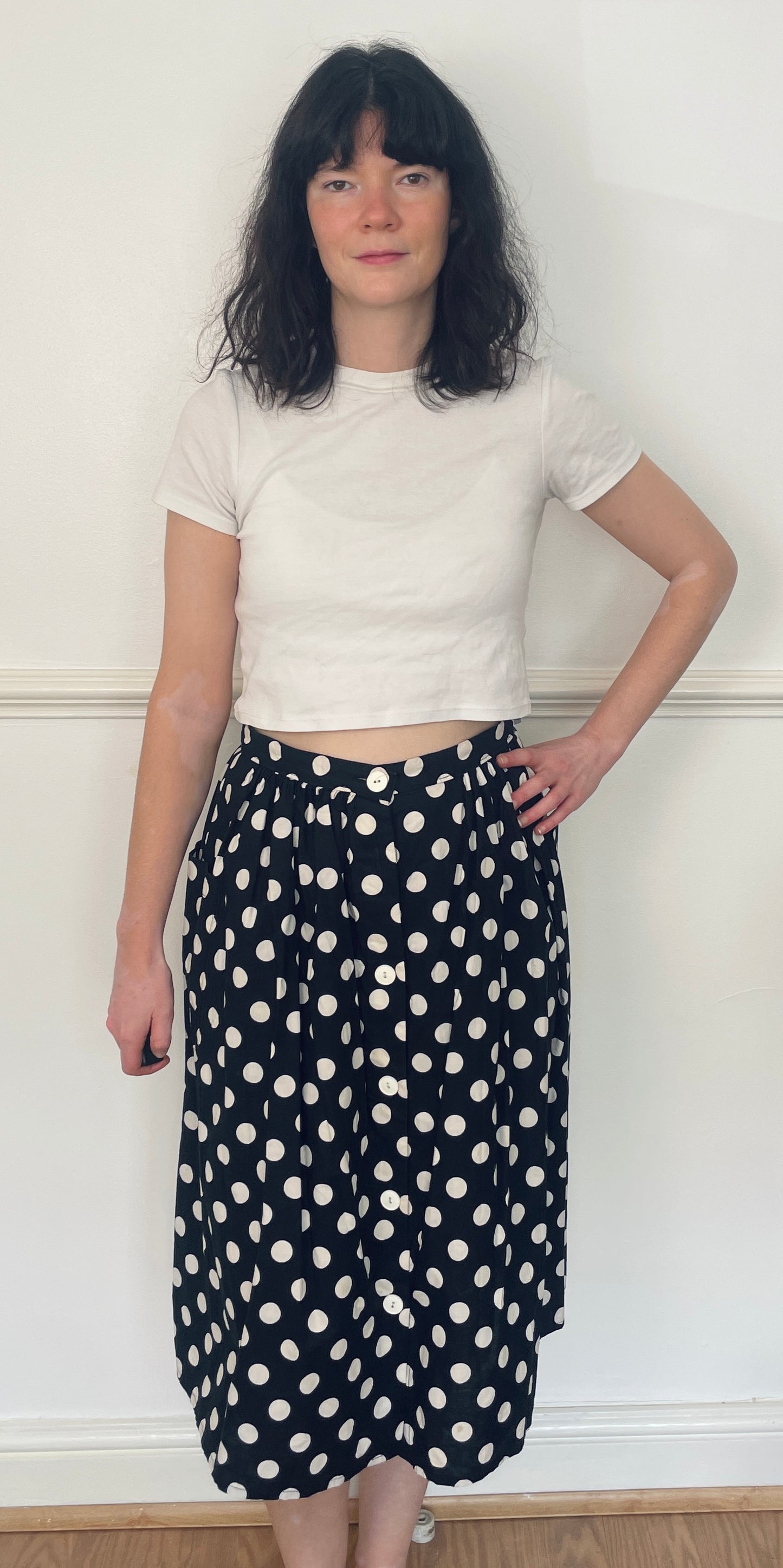 Vintage 80s Black Polka Dot Cotton Button Midi Skirt - Size 12