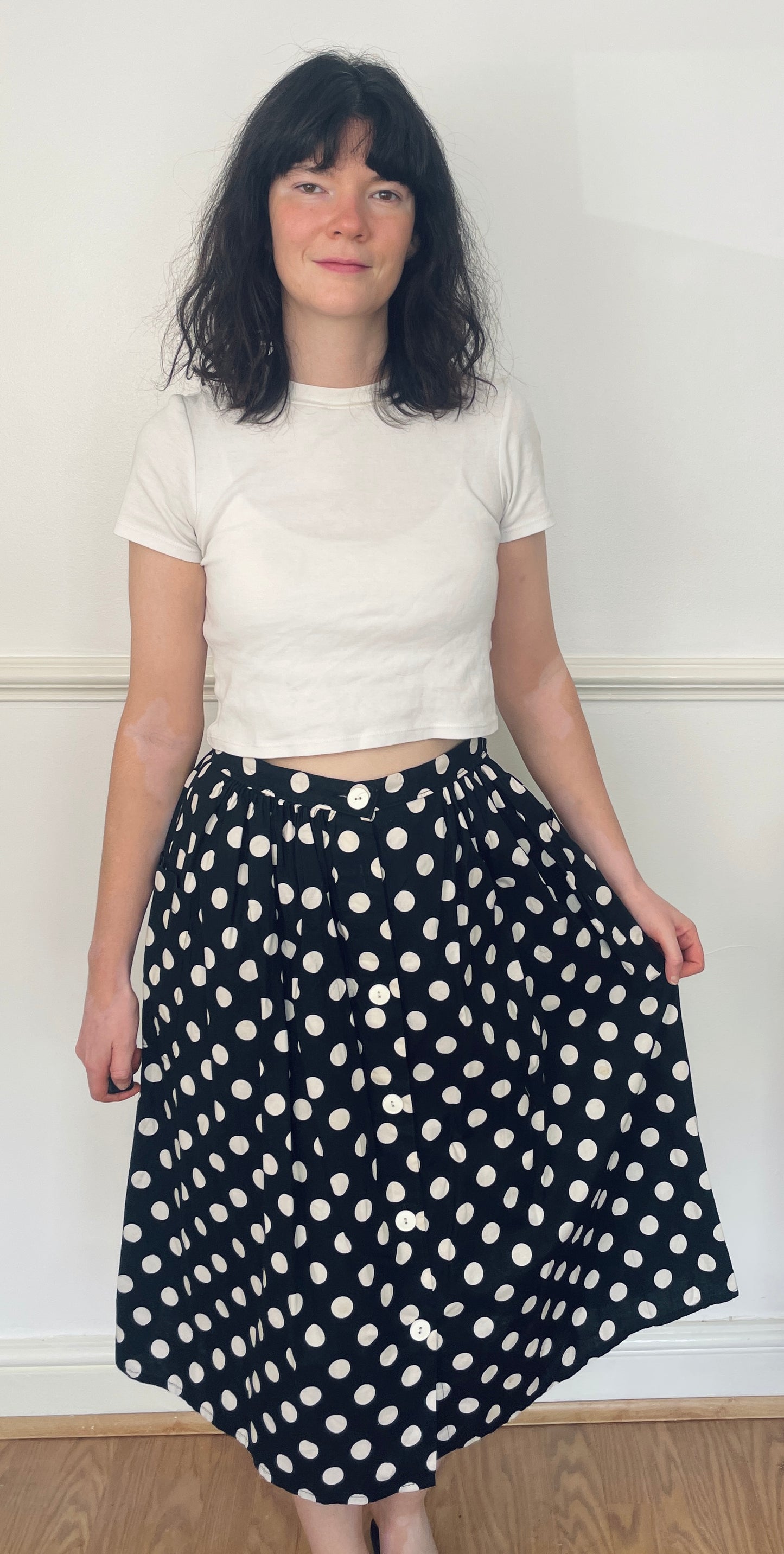 Vintage 80s Black Polka Dot Cotton Button Midi Skirt - Size 12