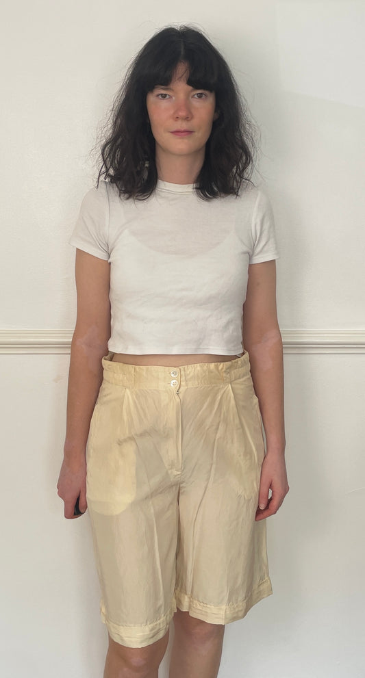 Vintage 70s Beige Long Tailored Silk Shorts - Size 12