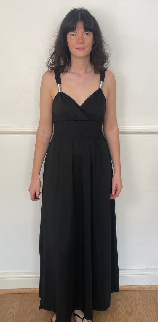 Vintage Y2K Black Stretch Smocked Waist Maxi Dress with Metal Straps - Size 10