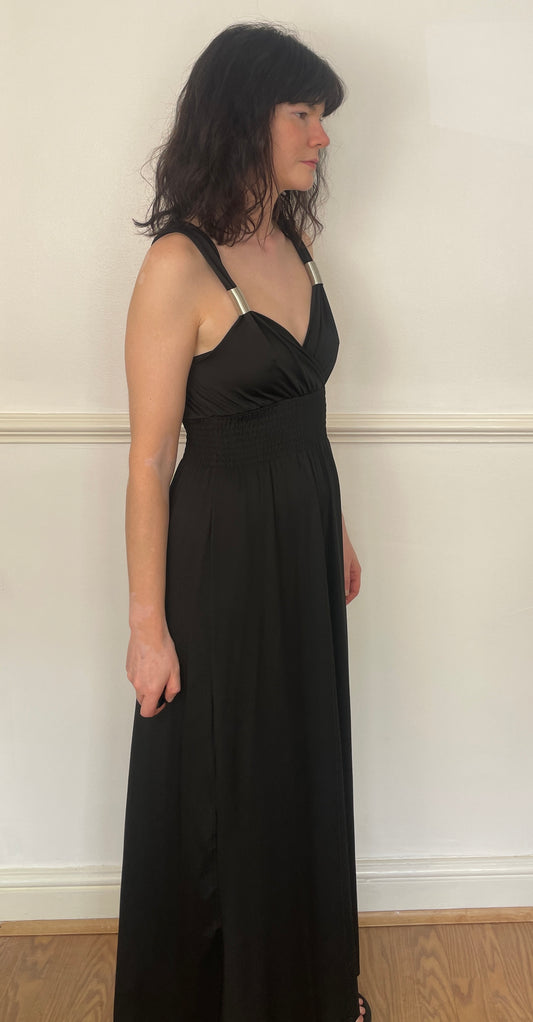 Vintage Y2K Black Stretch Smocked Waist Maxi Dress with Metal Straps - Size 10