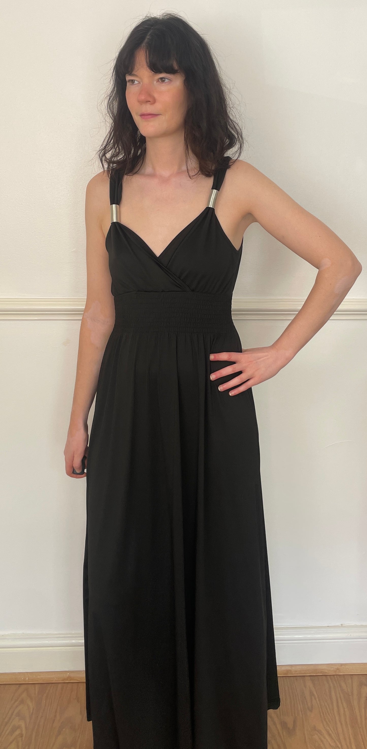 Vintage Y2K Black Stretch Smocked Waist Maxi Dress with Metal Straps - Size 10