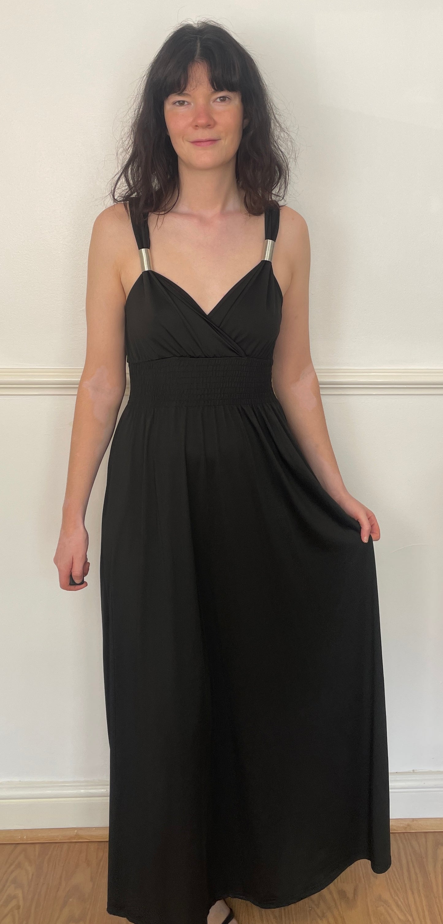 Vintage Y2K Black Stretch Smocked Waist Maxi Dress with Metal Straps - Size 10